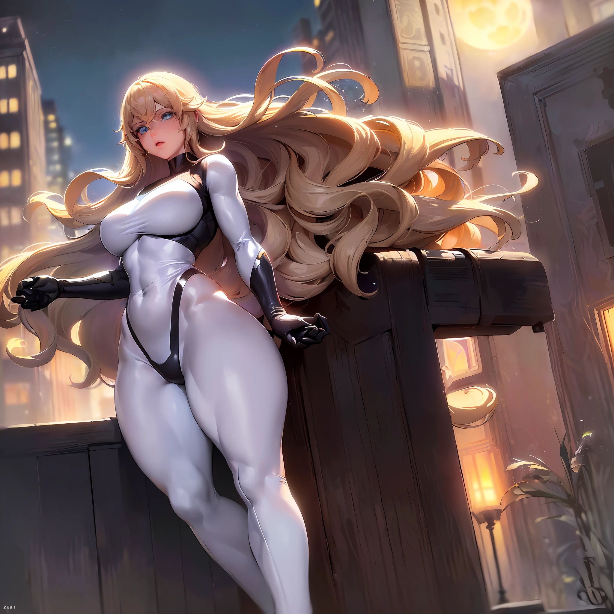 (Masterpiece, 8k resolution, ultra-realistic, very detailed), (white superhero theme, charismatic, there's a girl on top of town, wearing Absolute Comics white widow costume, she's a superhero), [ ((25 years), (long wavy blonde hair:1.4), full body, (blue eyes:1.2), ((white widow pose, show of strength, jump from one building to another), (((bustling urban environment):0.8)| (cityscape, at night, dynamic lights, dynamic shadows), (full moon))] # Explanation: The Prompt mainly describes an ultra-high definition 8K painting, very realistic, very detailed. It shows a superheroine at the top of the city, wearing the white widow costume from Absolute Comics The theme in the painting is a white superhero theme, the female protagonist has long wavy blonde hair is 25 years old and her entire body is shown in the painting. In terms of portraying the actions of the superheroines, some details of a black symbiote in uniform in the poison style, perfect body, gorgeous, beautiful face, thin waist