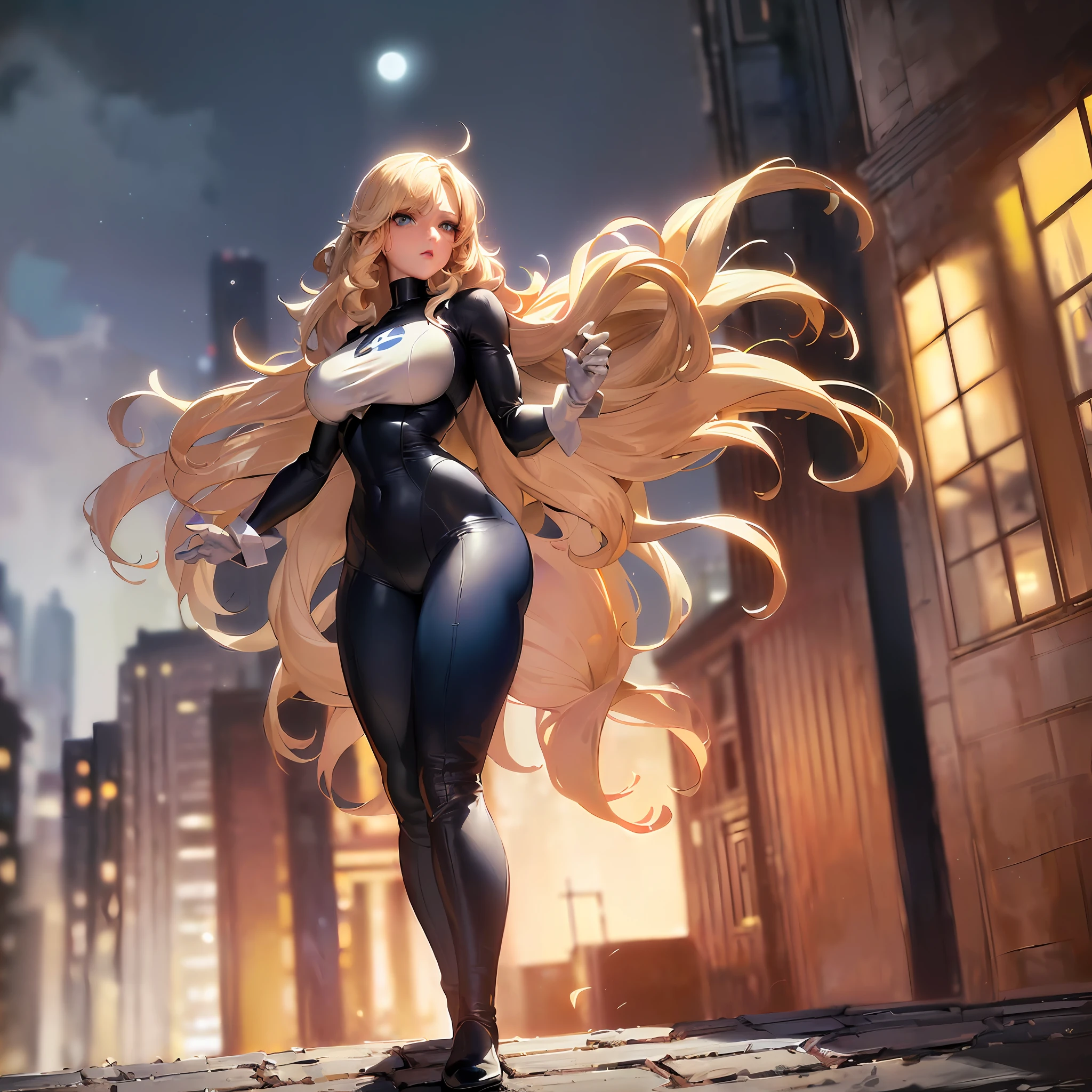 (Masterpiece, 8k resolution, ultra-realistic, very detailed), (white superhero theme, charismatic, there's a girl on top of town, wearing Absolute Comics white widow costume, she's a superhero), [ ((25 years), (long wavy blonde hair:1.4), full body, (blue eyes:1.2), ((white widow pose, show of strength, jump from one building to another), (((bustling urban environment):0.8)| (cityscape, at night, dynamic lights, dynamic shadows), (full moon))] # Explanation: The Prompt mainly describes an ultra-high definition 8K painting, very realistic, very detailed. It shows a superheroine at the top of the city, wearing the white widow costume from Absolute Comics The theme in the painting is a white superhero theme, the female protagonist has long wavy blonde hair is 25 years old and her entire body is shown in the painting. In terms of portraying the actions of the superheroines, some details of a black symbiote in uniform in the style of poison, perfect body, beautiful, beautiful face, thin waist, web scattered around the city, degradation, graffiti