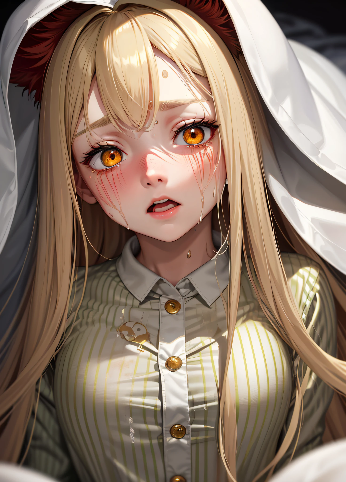 Masterpiece, (highest quality), Alone, (Young Woman), Solo, Blonde Long Straight Hair, Big, Dog Ears, (Golden Eyes), (Green and White Striped Pajamas), (More Close-up of Face)), Looking very distressed, Eyes closed, Screaming, (((Red cheeks)), (Very sweaty), (Very dark)), (Midnight Room))), On the bed, (A lot of white liquid )))