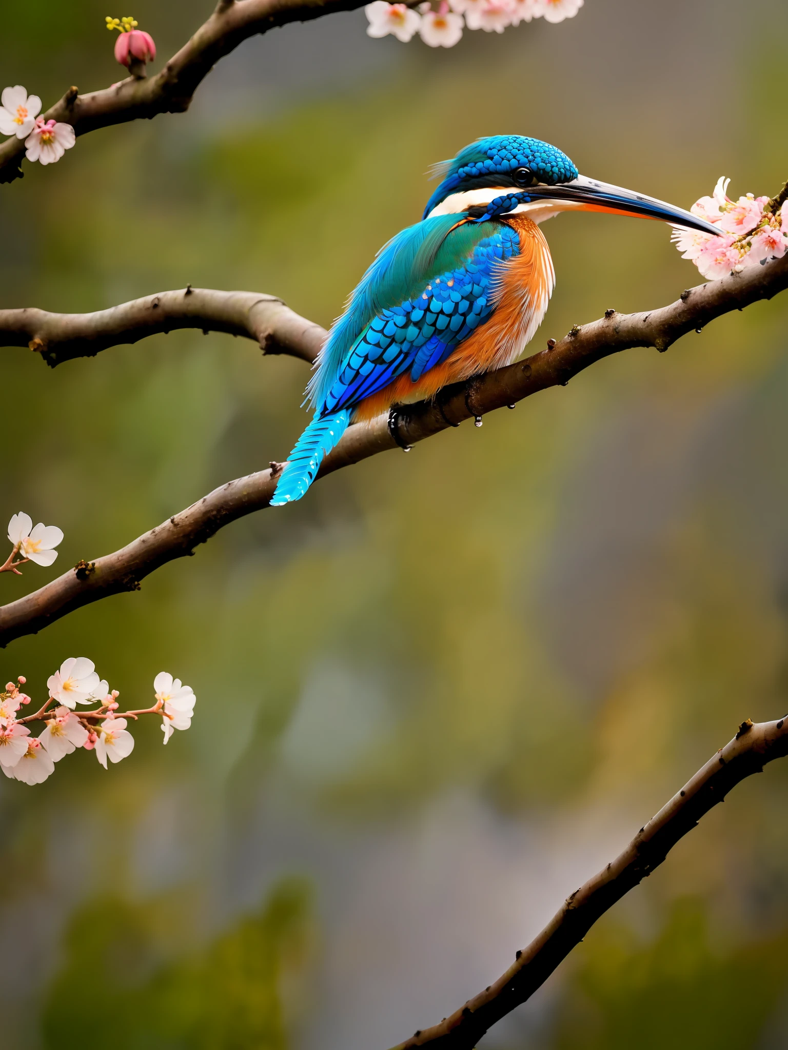 superb kingfisher on a branch near budding white cherry flowers, dark, dawn, (chilly early morning:1.1), (morning dew:1.15), realistic photography, (low-key photograph:1.2), detailed, 8k, intricate ruffled feathers, water droplets on the feathers, (to8contrast style), (mist:0.7), vivid colors, Sony a6600 Mirrorless Camera, embellish2
