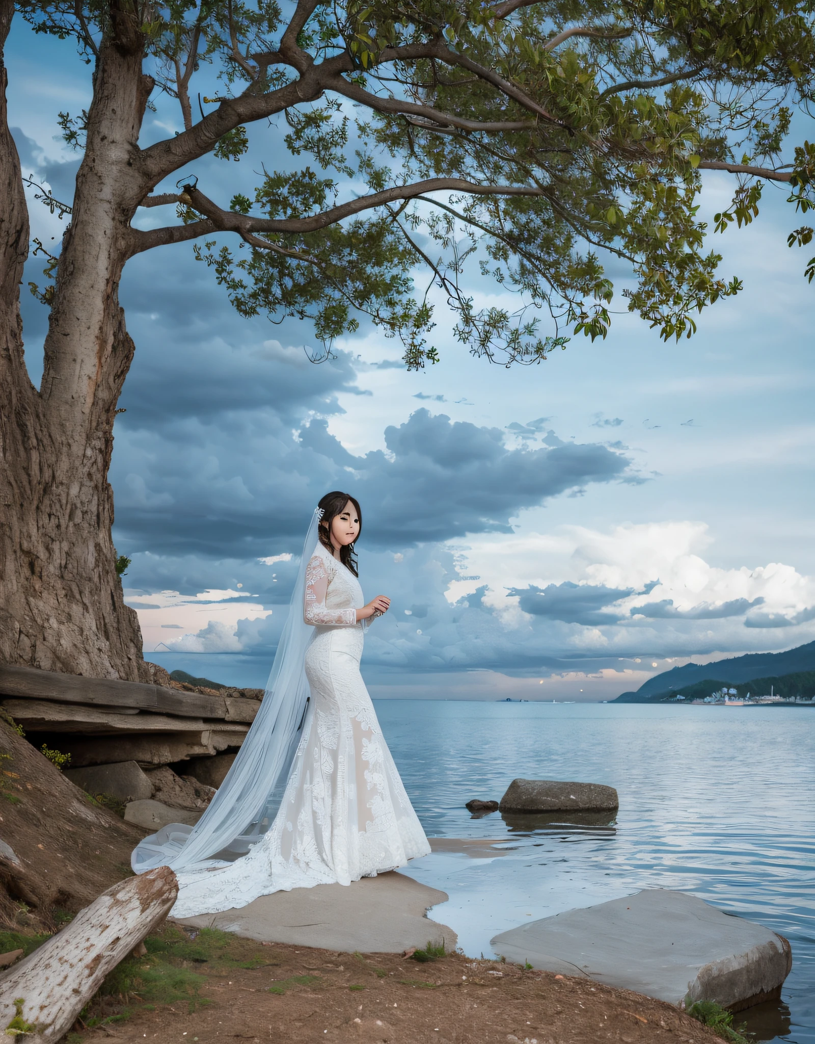 bride in white dress standing on a rock near a tree, outdoor fine photography, photo taken with nikon d750, photo taken with nikon d 7 5 0, taken with canon eos 5 d mark iv, taken with canon 5d mk4, realistic face is beautyful, ao dai, modeling photography, photo taken with canon 5d, captured on canon eos r 6