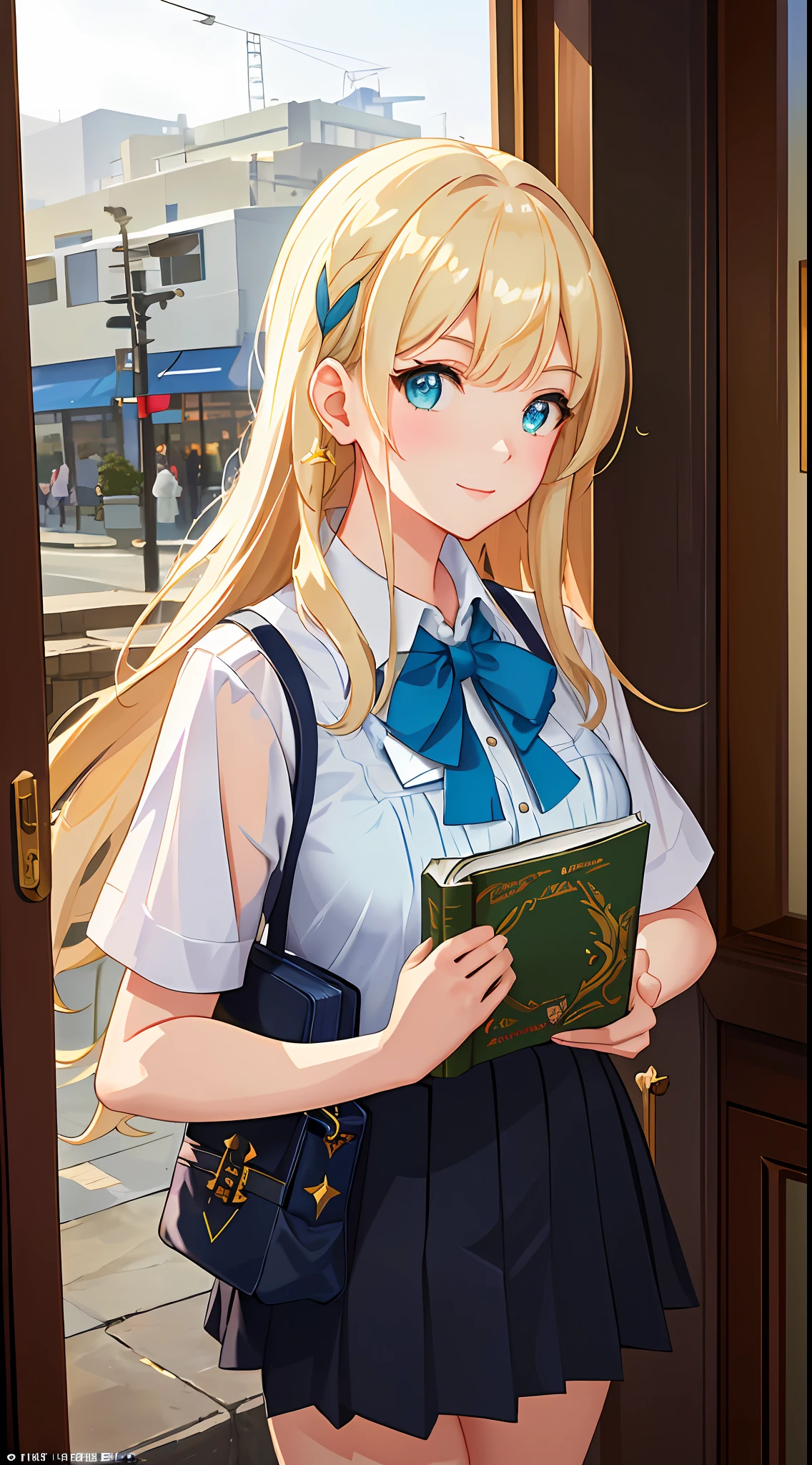 (((Masterpiece: 1.5, Best Quality, High Resolution: 1.3, Super Resolution, Super Detail, Super Detail: 1.3, Rich Background: 1.2))), ((Face Close-up)), 1 Girl, Solo, Green Eyes, Long Blonde Hair with Blue Ribbon, Blunt Bangs, Cute Hairpins, Clear White Serafuku, Red Sailor Collar, Short Sleeves, Blue Pleated Skirt, White Bra, (Outdoor), (Rain: 1.2)), ((Downtown)), (Crowd), Landscape, ((Night)), Dark,  (Low light: 1.1), Moon, ((Dynamic light: 1.4)), a beautiful woman from a scholarly family, she stands in a library full of books and cultural works of art, shelves full of various books, various paintings and sculptures on the walls. Sunlight shone on her face through the window, making her look more lively and full of life. The style is photography, using a standard lens, with an aperture of f/2.8, a shutter speed of 1/125 sec., and an ISO of 200.