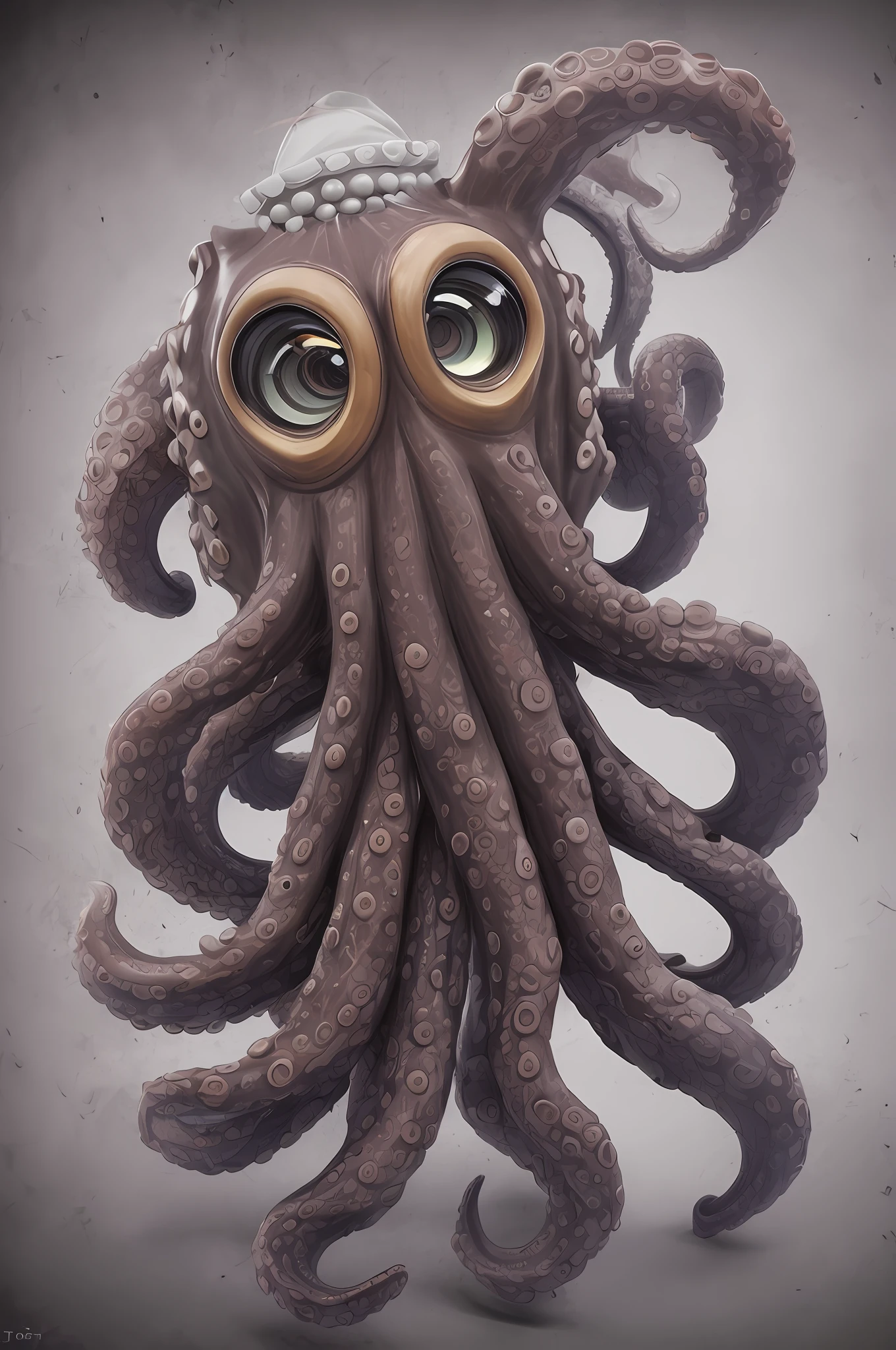 humanoid octopus statue with a white hat and sailor clothes, realistic, cartoon, pixar style, 3d, 8k, UHD, expressive eyes, Shot with Canon EOS Rebel T7, Manual mode (M), shutter speed of 10-15 seconds, aperture f/2.8, ISO 200, manual focus, white balance: Tungsten, RAW