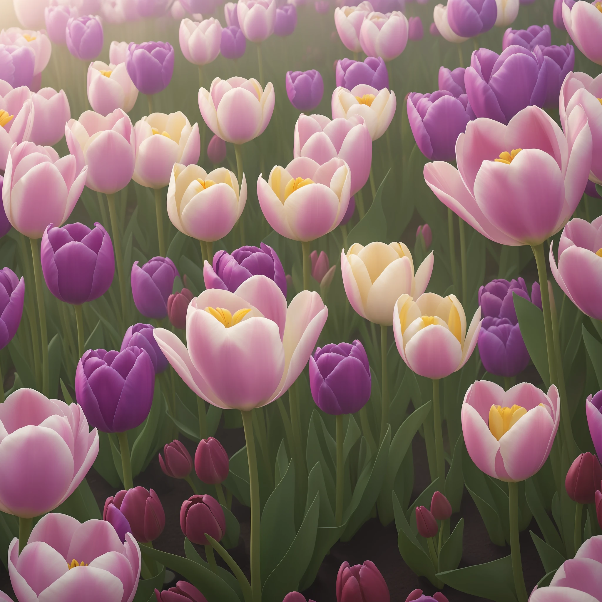 (extremely detailed CG unity 8k wallpaper,masterpiece, best quality, ultra-detailed),(best illumination, best shadow, an extremely delicate and beautiful),a garden full of tulips, various colors, Volumetric light, soft sunlight filtering through the petals.