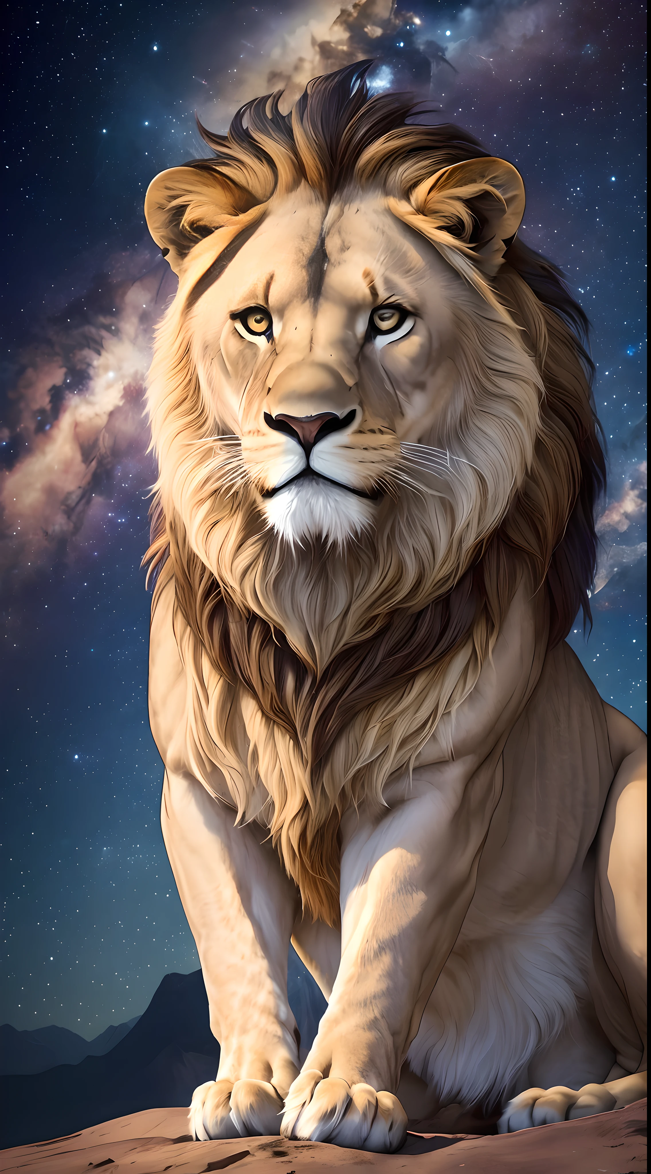 The image before you is a masterpiece of professional and cinematic photography. It's a picture of the most majestic lion you've ever seen, with a leadership pose that conveys power and authority. Background nebula, The photographer captured --auto --s2