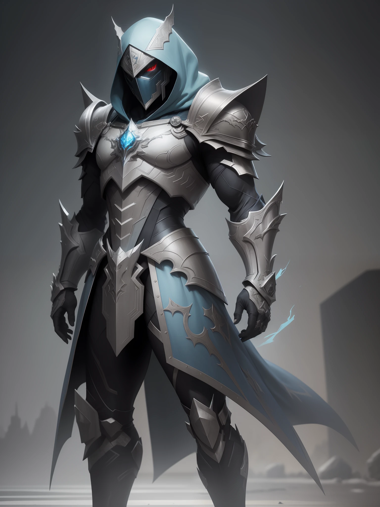 full body realistic hooded sharp ornate armored warriors mans suite, waring mask, white and blue, red green neon, blue neon, extra details armor, Many details, night, front view, battlefield background, full body, full body, all body, front view, wide angle, ultra details, ultra resolution, ultra quality, unreal engine 5, cinematic light, cinematic lighting, cinematic lighting, feet out of frame, super detail, 16k, high quality, best quality, clothes texture, metal texture, high quality texture, high details, super details