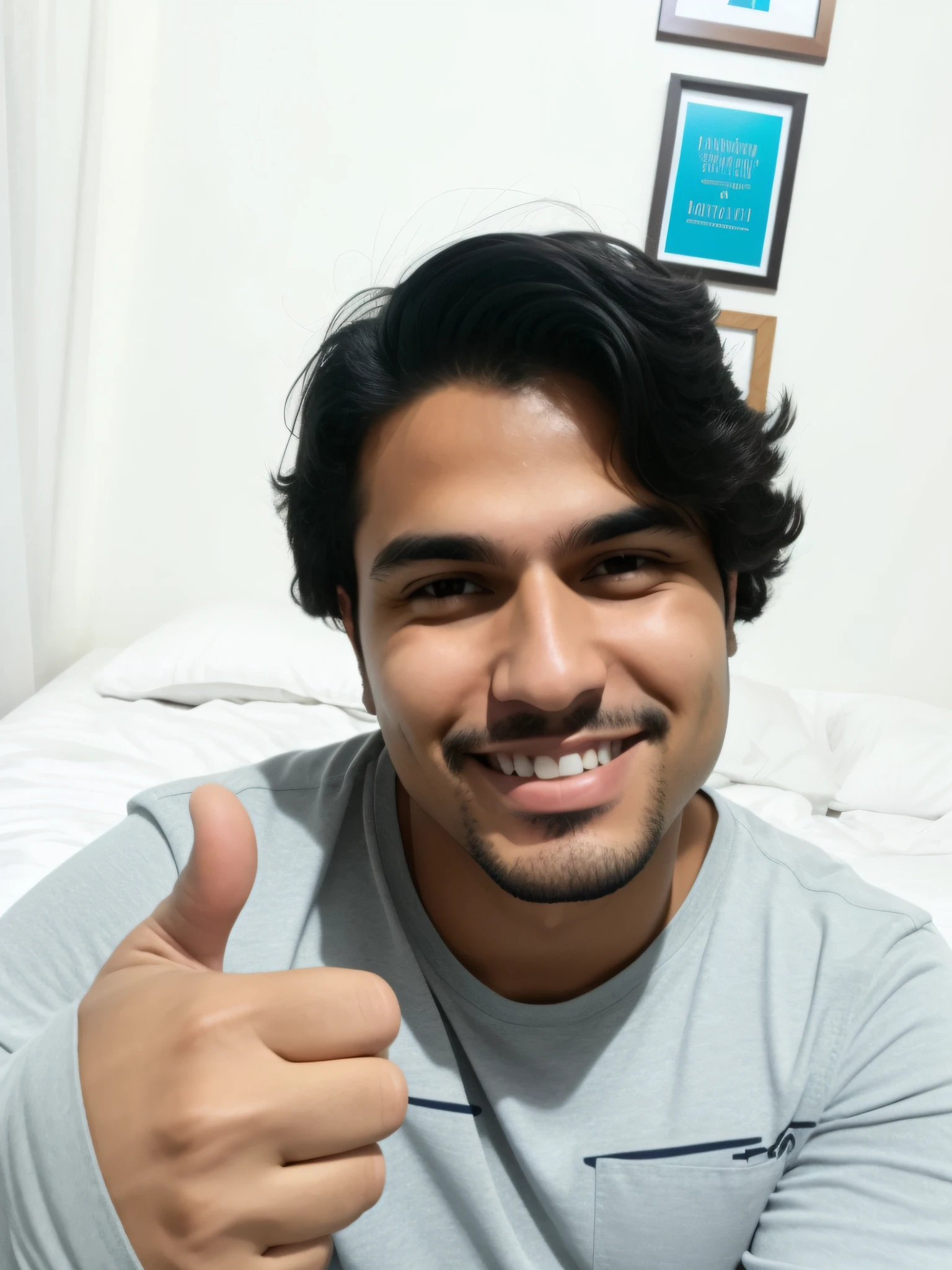 there is a man sitting on a bed giving a thumbs up, caio santos, mateus 9 5, satisfied pose, icaro carvalho, emad mostaque, selfie photo, ismail, mohamed chahin, jayison devadas, ayan nag, david rios ferreira, edu souza, andrea rocha, profile pic, friedly smile, frontal picture