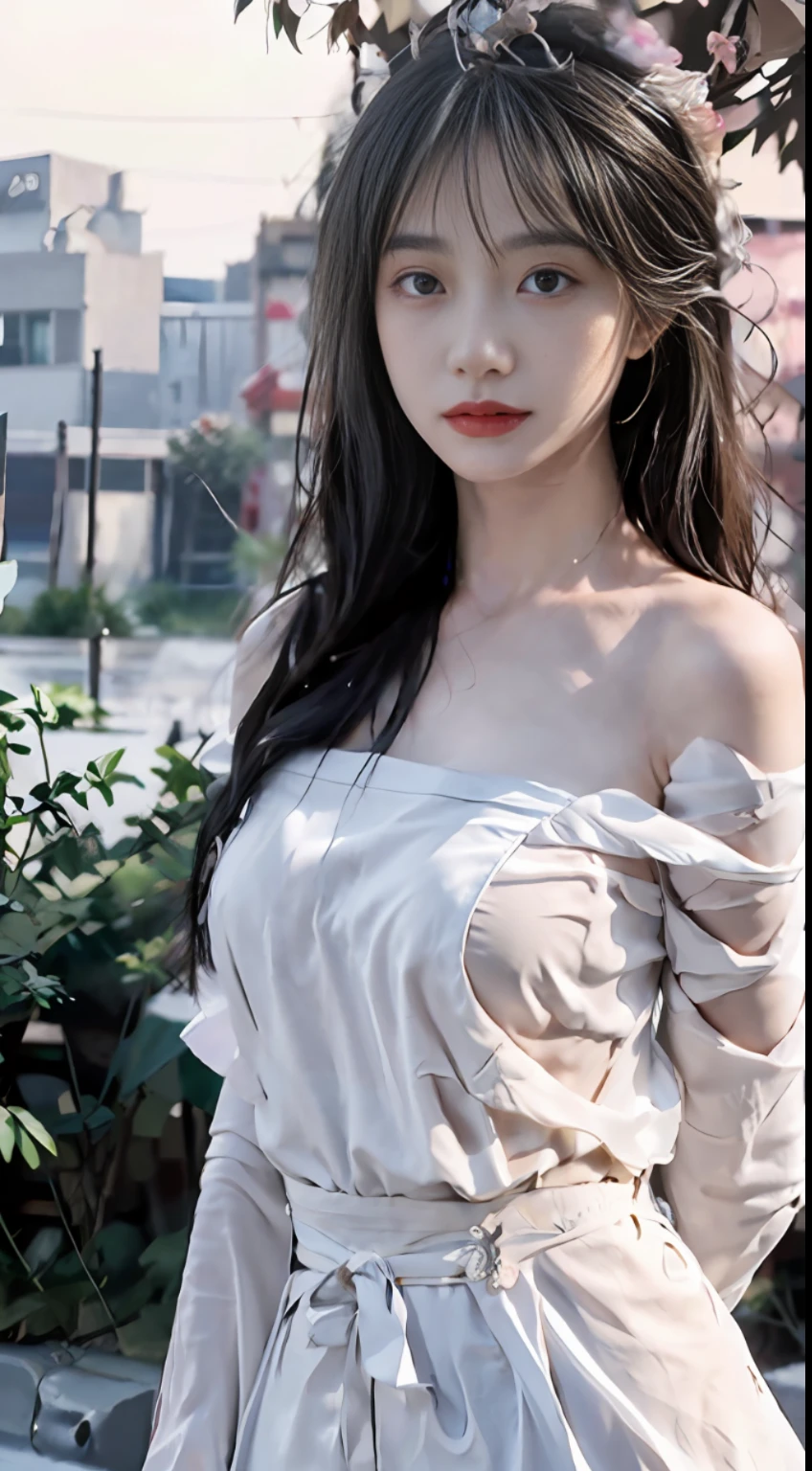((Best Quality, 8k, Masterpiece: 1.3)), Focus: 1.2, Perfect Body Beauty: 1.4, Buttocks: 1.2, ((Layered Haircut, Flat Chest: 1.2)), (Rain, Street:1.3), White bandeau, light blue skinny jeans, Highly detailed face and skin texture, Delicate eyes, Snow-white skin, Long hair, Full body