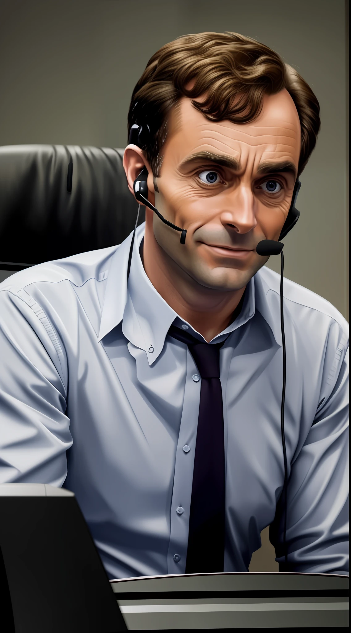 (a realistic depiction of a scene),(Ted Bundy portrayed in a call center),(serious expression),(realistic style),(wearing a headset)