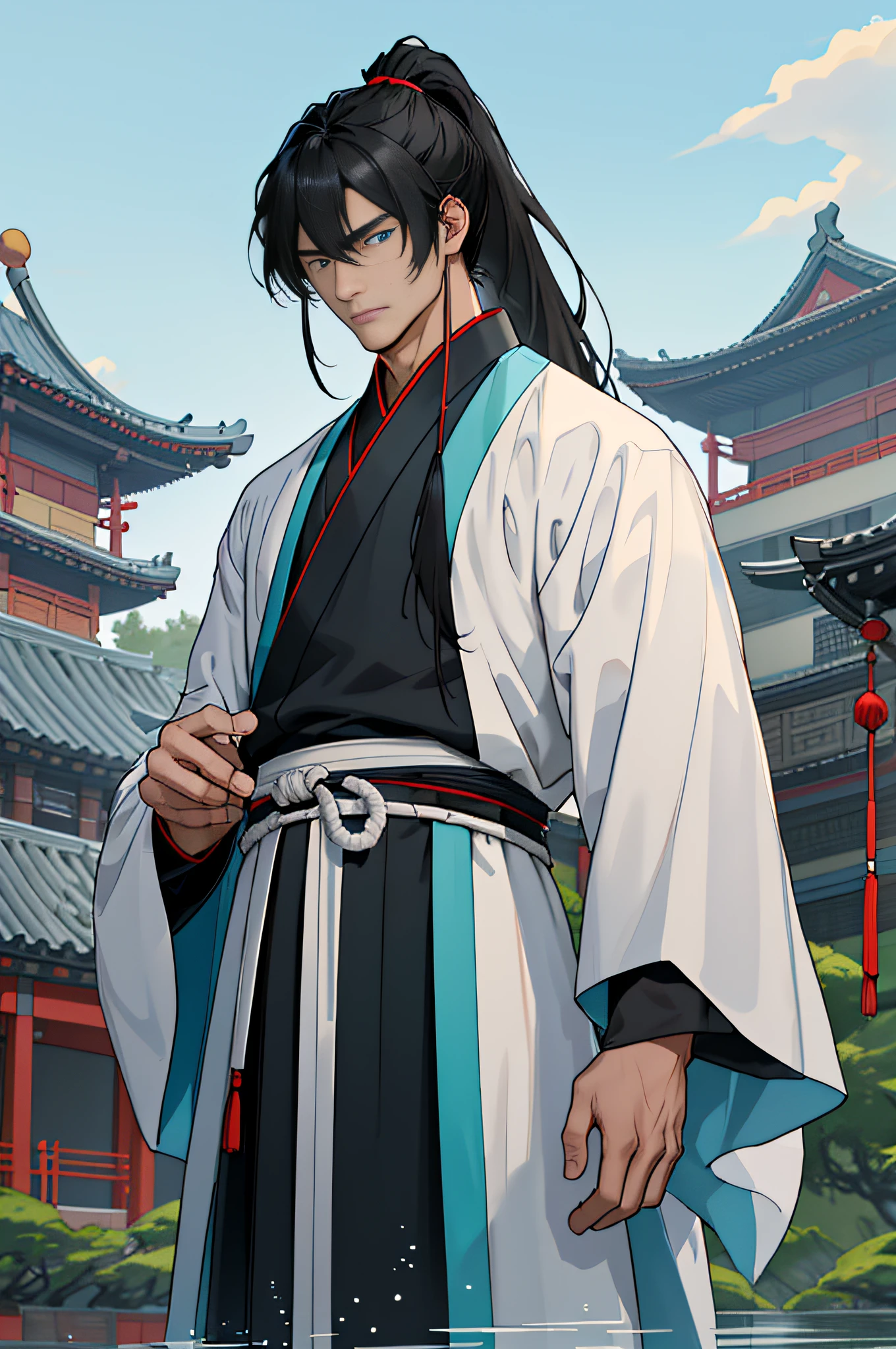 Masterpiece, Excellent, A Man, Chinese Style, Ancient Chinese, Black Hair, Gray and Blue Eyes, Split Hair, Long Hair, Long Bangs, High Ponytail, Handsome, Gentle, Thin, Weak, Cyan Robe, Outdoor, Fengshu, Young Man, Sad, Posture, (Hanfu, Ming Style), (Ming Architectural Background)