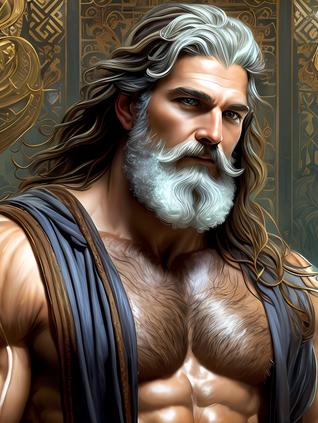 A painted portrait of stout zeus, god of thunder, greek god, hazel hair, male, very mature, handsome, upper body, muscular, hairy torso, fantasy, intricate, elegant, highly detailed, digital painting, art station, concept art, soft, sharp focus, illustration, art by Gaston Bussiere and Alphonse Mucha