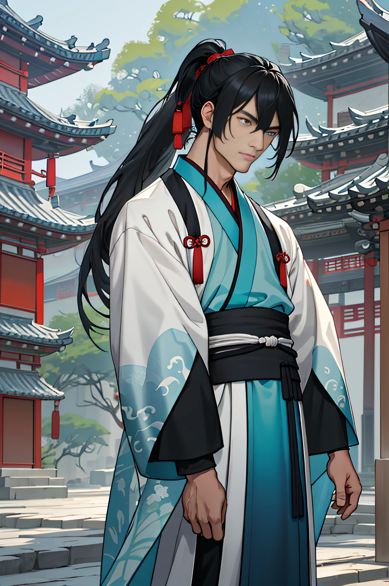 Masterpiece, Excellent, A Man, Chinese Style, Ancient Chinese, Black Hair, Gray and Blue Eyes, Split Hair, Long Hair, Long Bangs, High Ponytail, Handsome, Gentle, Thin, Weak, Cyan Robe, Outdoor, Fengshu, Young Man, Sad, Posture, (Hanfu, Ming Style), (Ming Architectural Background)