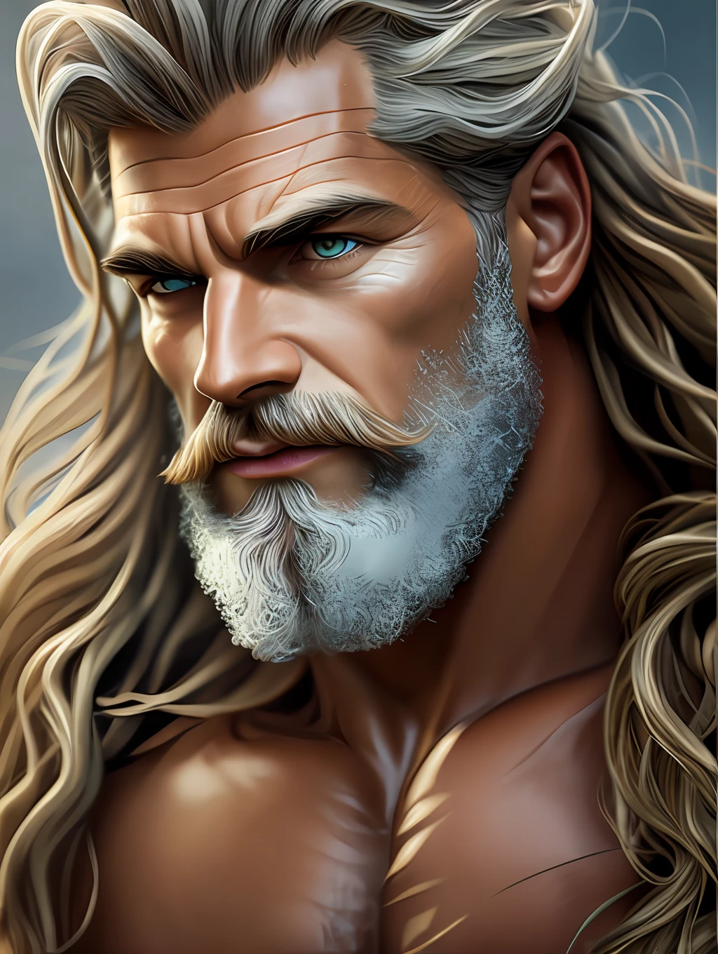 A painted portrait of stout Zeus almighty god of thunder, greek god, blond hair, male, mature, handsome, upper body, muscular, hairy torso, fantasy, intricate, elegant, highly detailed, digital painting, art station, concept art, soft, sharp focus, illustration, art by Gaston Bussiere and Alphonse Mucha, fierce eyebrows, cinematic rim light, very strong and hairy torso, intense action, dynamic juxtaposition, very high quality face, desert game, exploitable image, face neck shoulders, tall strong man, long windy hair, stylized dynamic folds, angry