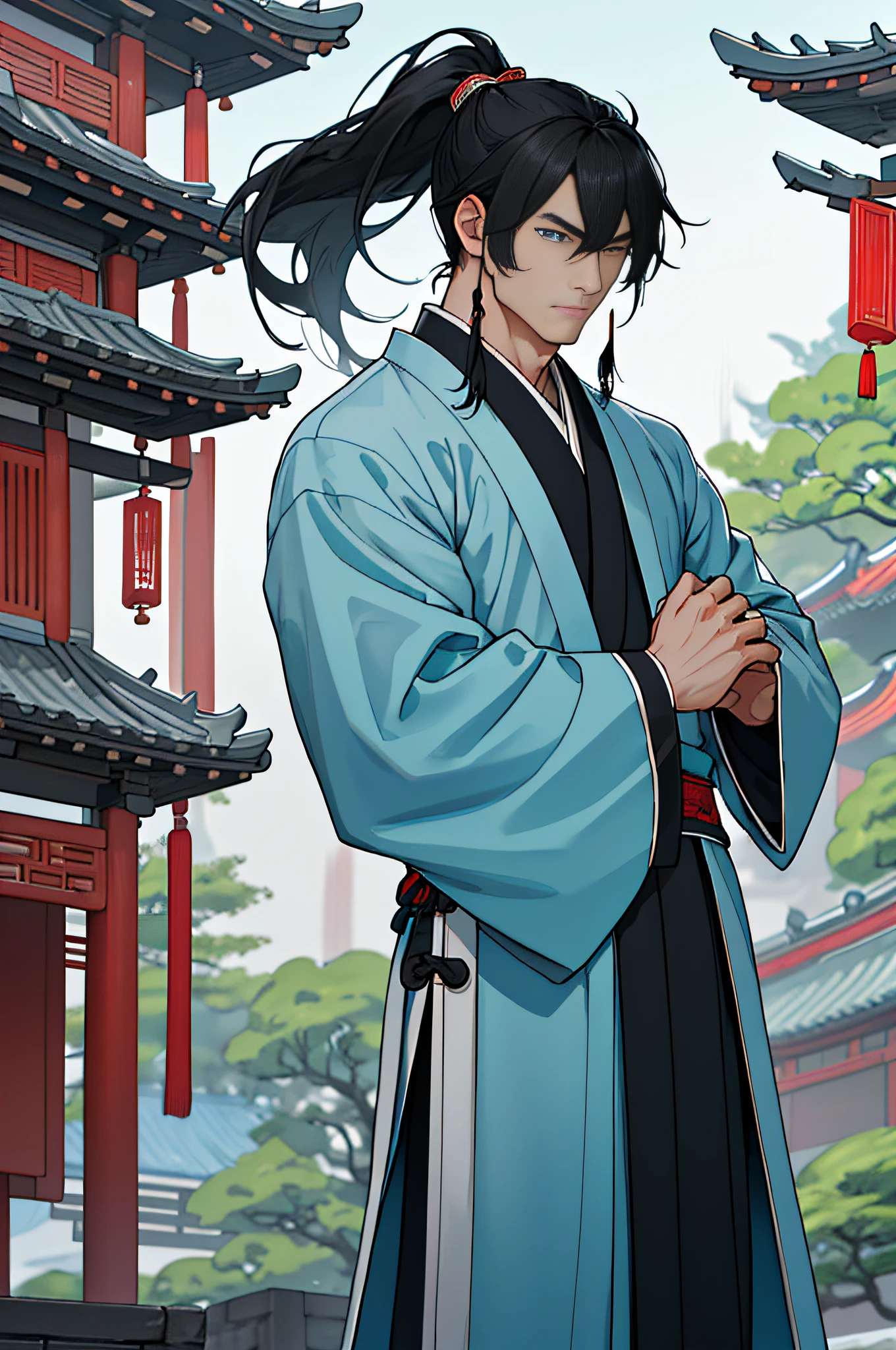 Masterpiece, Excellent, A Man, Chinese Style, Ancient Chinese, Black Hair, Gray and Blue Eyes, Split Hair, Long Hair, Long Bangs, High Ponytail, Handsome, Gentle, Thin, Weak, Cyan Robe, Outdoor, Fengshu, Young Man, Sad, Posture, (Hanfu, Ming Style), (Ming Architectural Background)