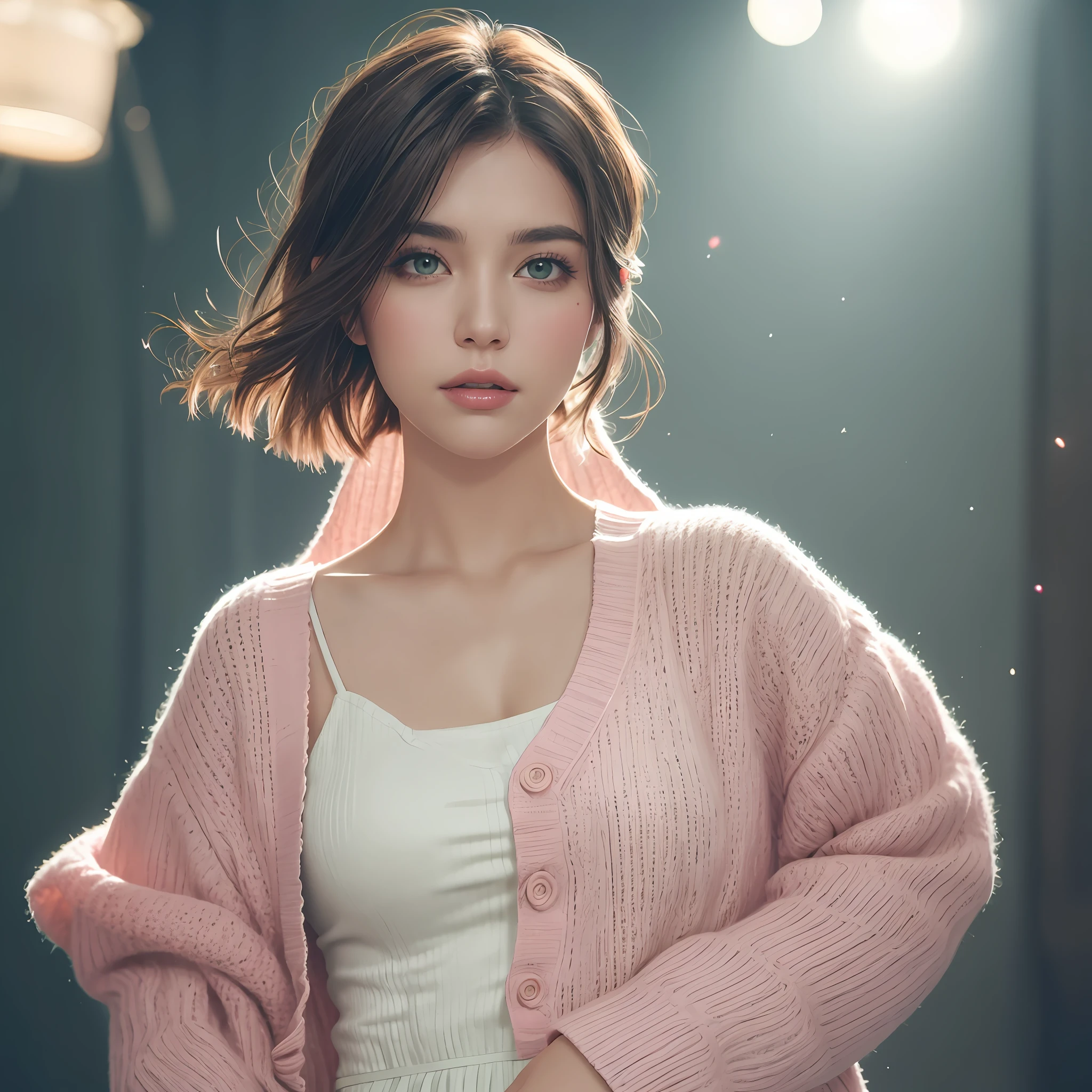 stunning beautiful woman photography, color film photography, FilmG, 8k, raw photography, (film grain: 1), (floating dust particle: 1.2), award-winning photography, 24mm, in focus, spotlight, bezel of light, in the dark, dimly lit, low key, deep shadow, looking at the viewer (highly detailed skin: 1.8), green eyes, large body, half-shaven haircut, european face, white dress, pink cardigan