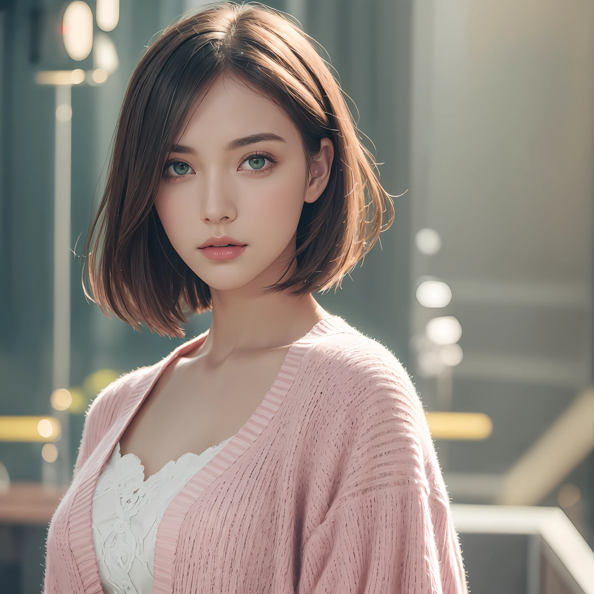 stunning beautiful woman photography, color film photography, FilmG, 8k, raw photography, (film grain: 1), (floating dust particle: 1.2), award-winning photography, 24mm, in focus, spotlight, bezel of light, in the dark, dimly lit, low key, deep shadow, looking at the viewer (highly detailed skin: 1.8), green eyes, large body, half-shaven haircut, european face, white dress, pink cardigan
