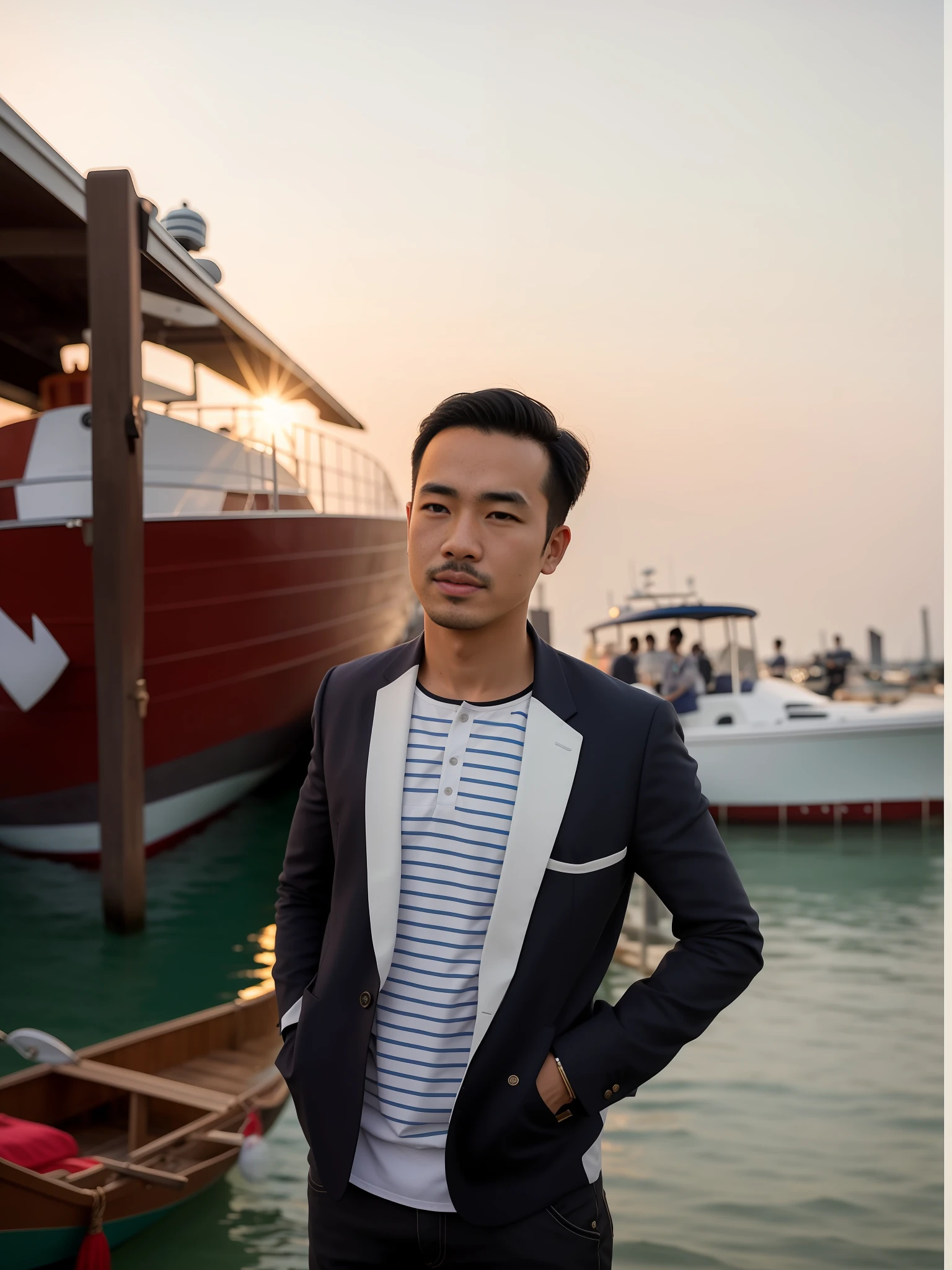 arafed man standing in front of a fence with a boat in the background, andrew thomas huang, joe taslim, nivanh chanthara, thawan duchanee, photo taken in 2 0 2 0, profile shot, photo taken in 2018, profile portrait, in style of thawan duchanee