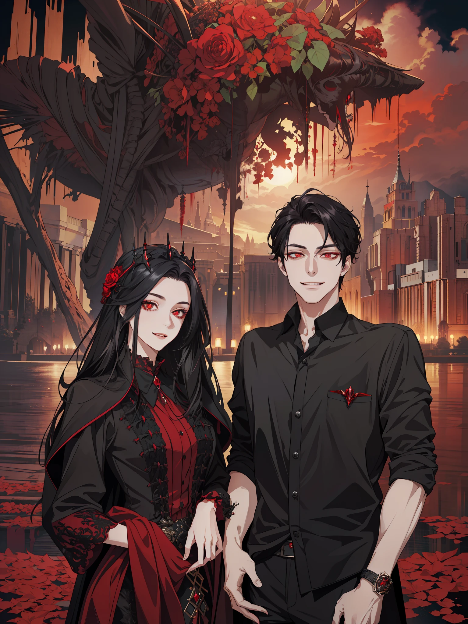 (masterpiece, best quality, highres, Sweet couple, beautiful girl, young boy, evil smile, vampire queen and vampire king, luxurious clothing, res theme, black hair, detailed hair, red eyes, detailed eyes, detailed face, highly detailed, red and black background