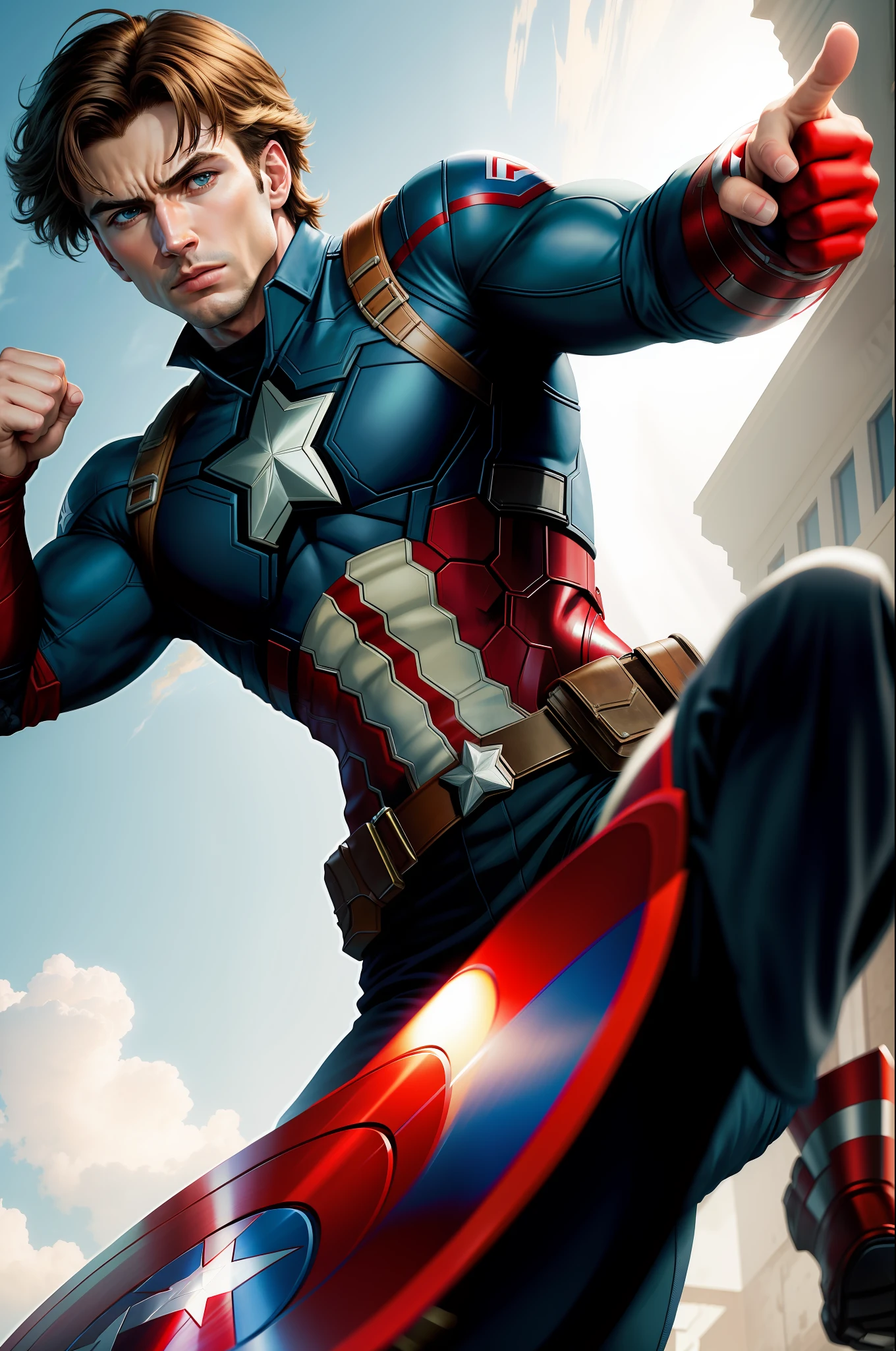 solo, masterpiece, best quality, medium shot of Captain America, marvel, fighting stance, dynamic angle