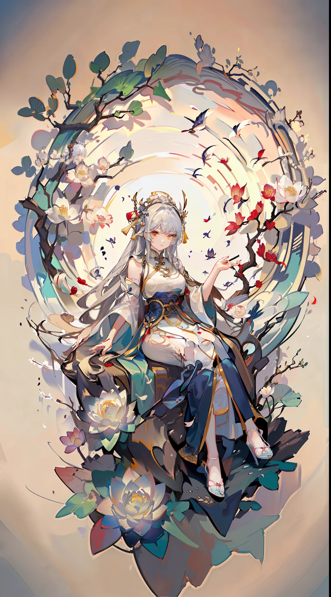 An ancient Chinese beauty sitting on a stone, wearing ancient Chinese clothing, flowing tulle, light silk, lazy posture, large lotus leaf, lotus, ink painting style, clean color, decisive cutting, blank, freehand, masterpiece, super detailed, epic composition, high quality, the highest quality, 4k