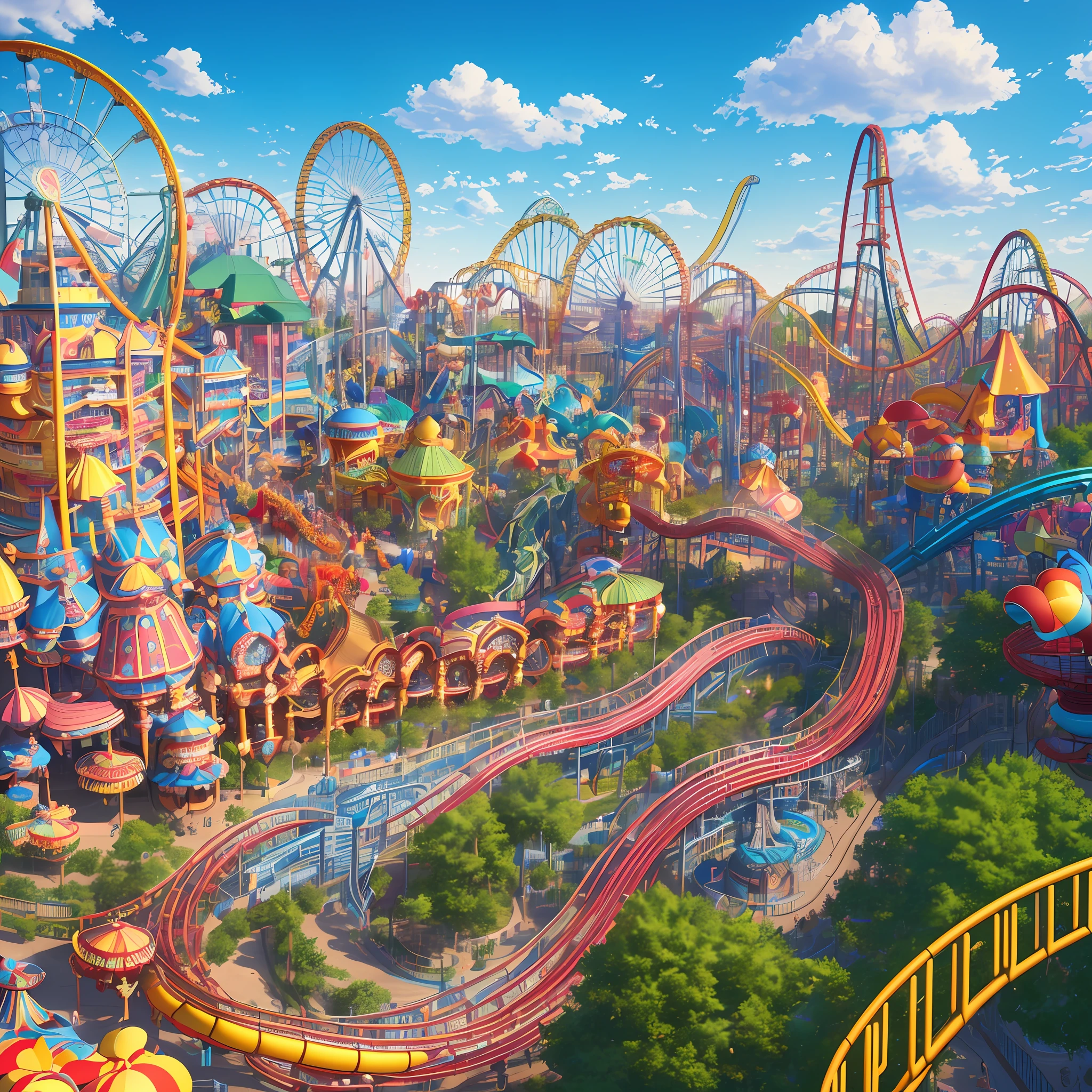 (best quality, masterpiece, ultra-detailed, extremely detailed CG unity 8k wallpaper), an amusement park, vibrant atmosphere, lively energy, dynamic rides, (roller coasters):1.3