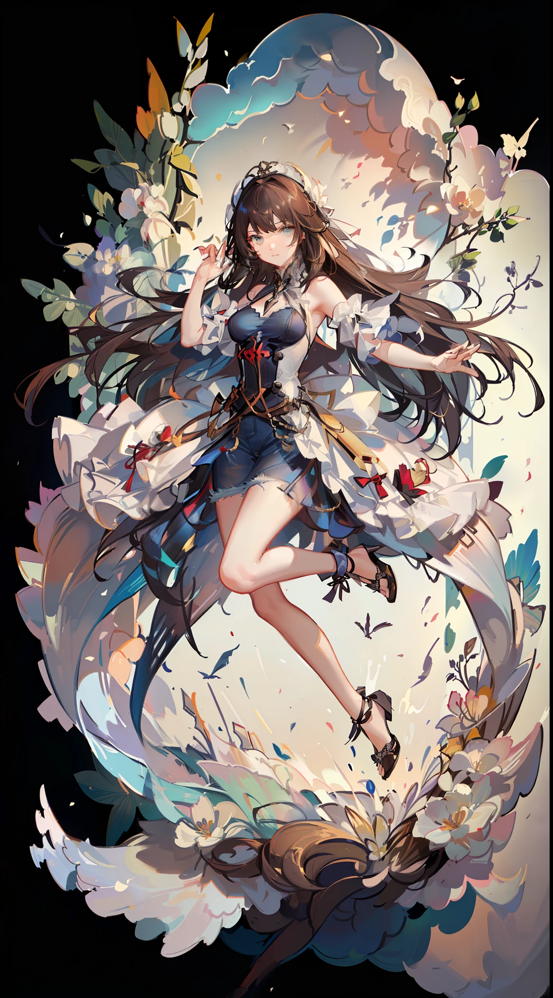 Masterpiece, Best Quality, 1 Girl, Brunette Hair, Bare Shoulders, Long Hair, Dress, Denim Shot, Dynamic Pose, Dynamic Angle,