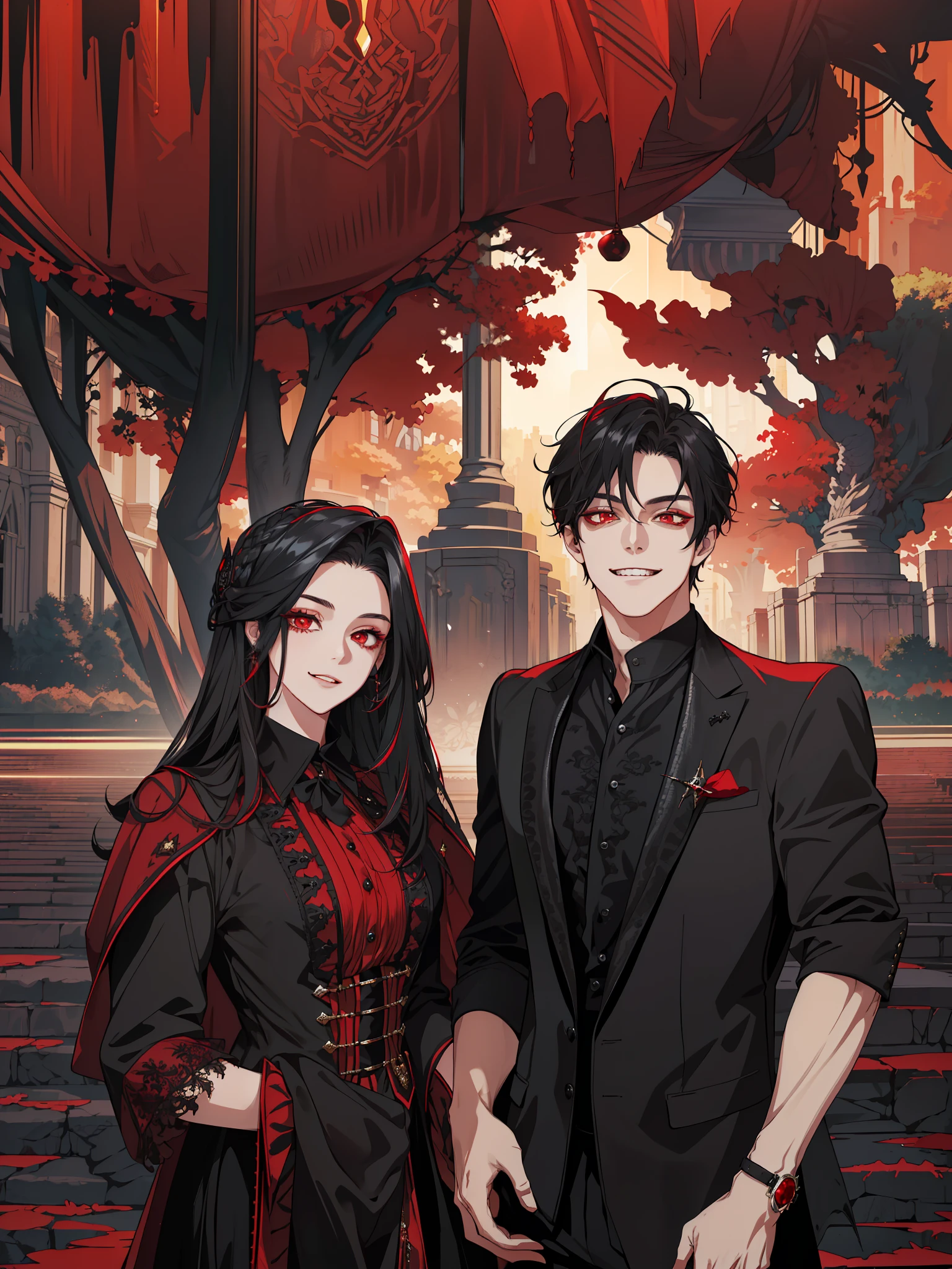 (masterpiece, best quality, highres, Sweet couple, beautiful girl, young boy, evil smile, vampire queen and vampire king, luxurious clothing, res theme, black hair, detailed hair, red eyes, detailed eyes, detailed face, highly detailed, red and black background