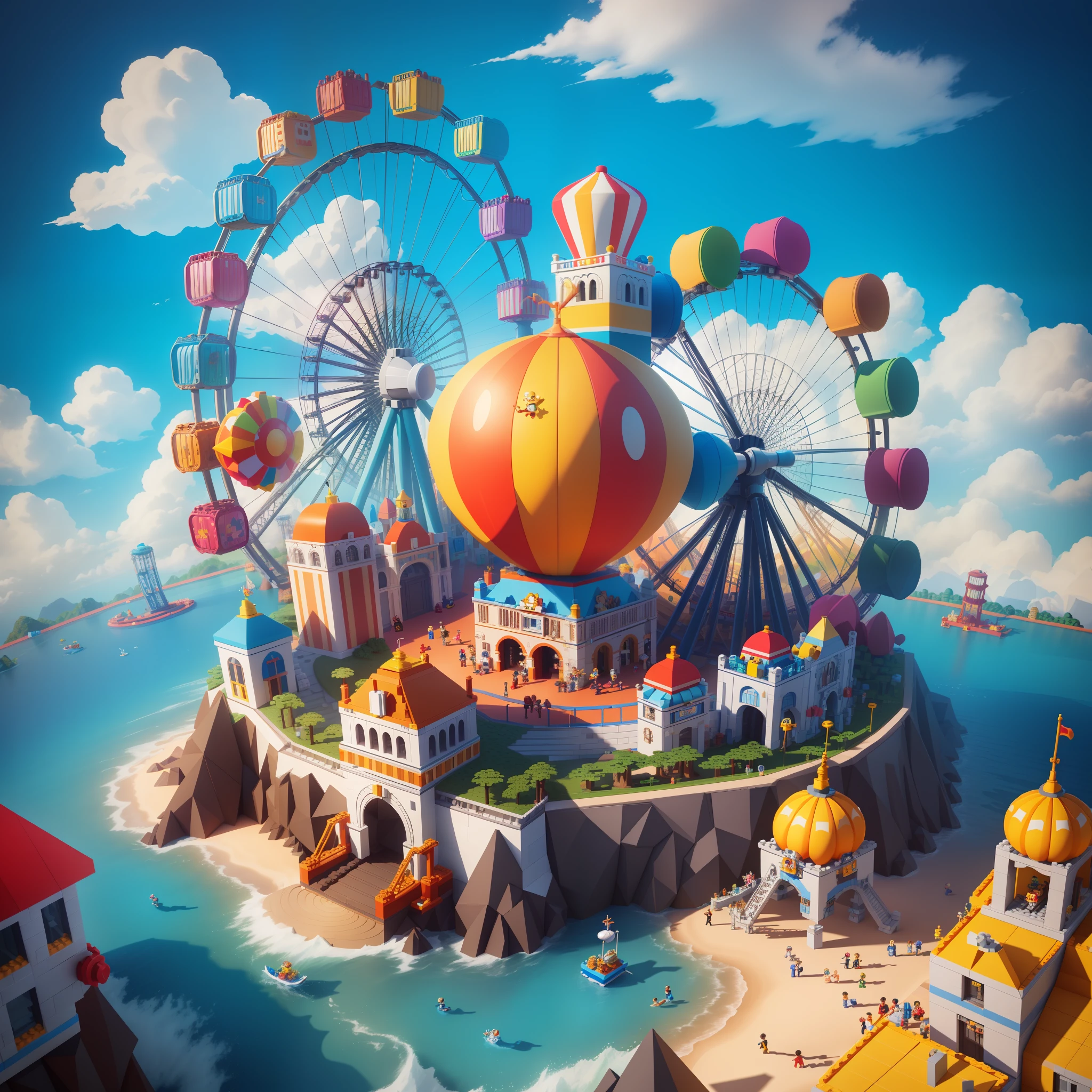 (Isometric Perspective: 1.5), (Pixar Style: 1.2) Cute, amusement park, Ferris wheel, Circus, monkey, lion, tiger, flag , 3D artwork, LEGO style, underwater world, The perfect Lego, LEGO style, (( low poly)), ,blender, OC renderer, dribble high detail 8k, studio lighting , rollercoaster --v 6