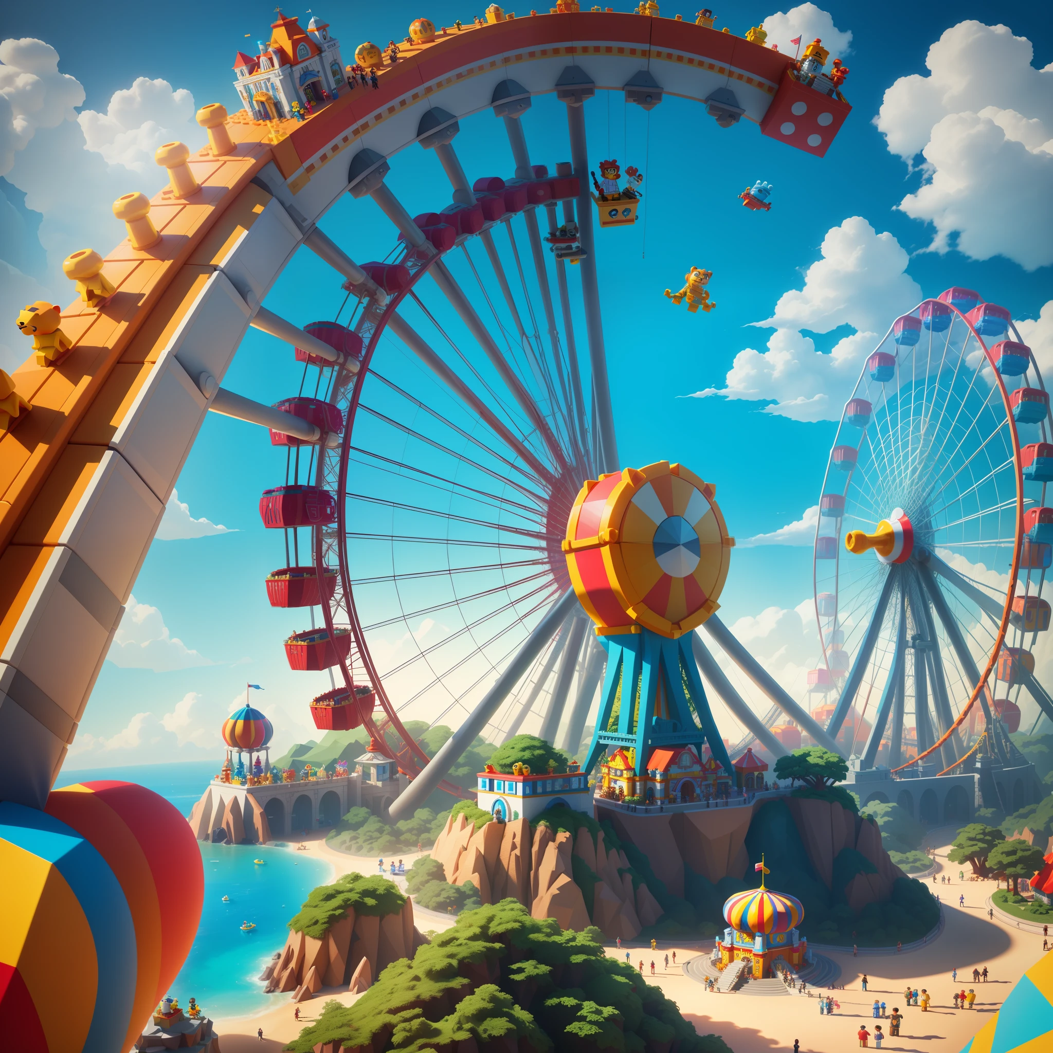 (Isometric Perspective: 1.5), (Pixar Style: 1.2) Cute, amusement park, Ferris wheel, Circus, monkey, lion, tiger, flag , 3D artwork, LEGO style, underwater world, The perfect Lego, LEGO style, (( low poly)), ,blender, OC renderer, dribble high detail 8k, studio lighting , rollercoaster --v 6