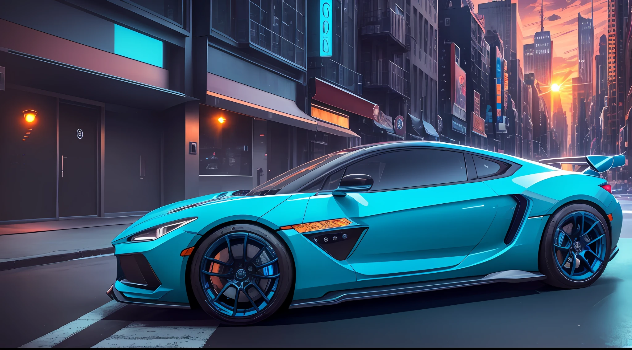 A modern, sporty, elegant, blue car on a New York street. mandelbulb, digital, artstation, pixiv, ,, award winning photograph,8k, uhd, sunset light ,neon light coming from below, --auto --s2