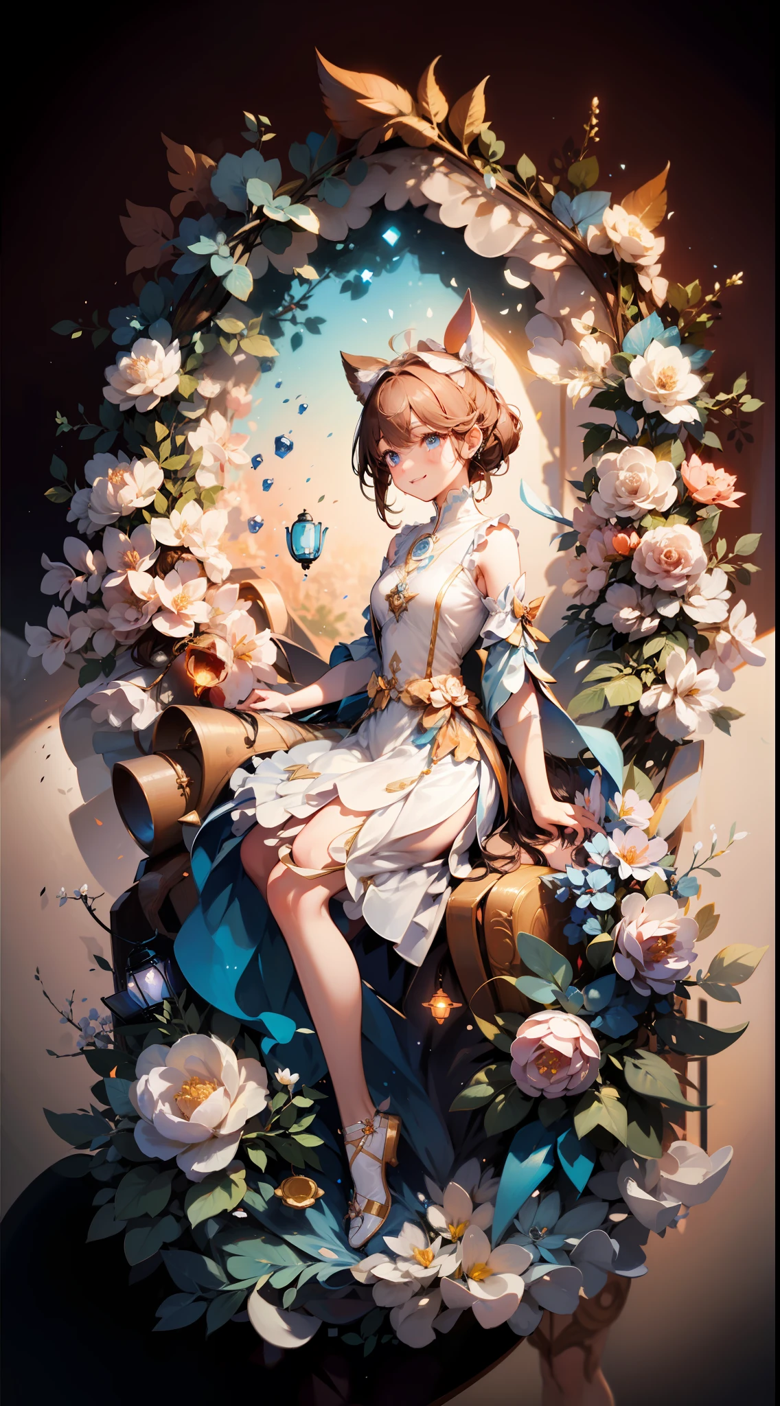 (Extremely delicate beauty: 1.2), 1girl, standing, full body, smile, bangs, blue eyes, backlight, blurred, blurred background, bow, brown hair, shut up, seen from the side, hair between eyes, hair bow, lantern, light particles, long sleeves, looking at the audience, red bow, solo