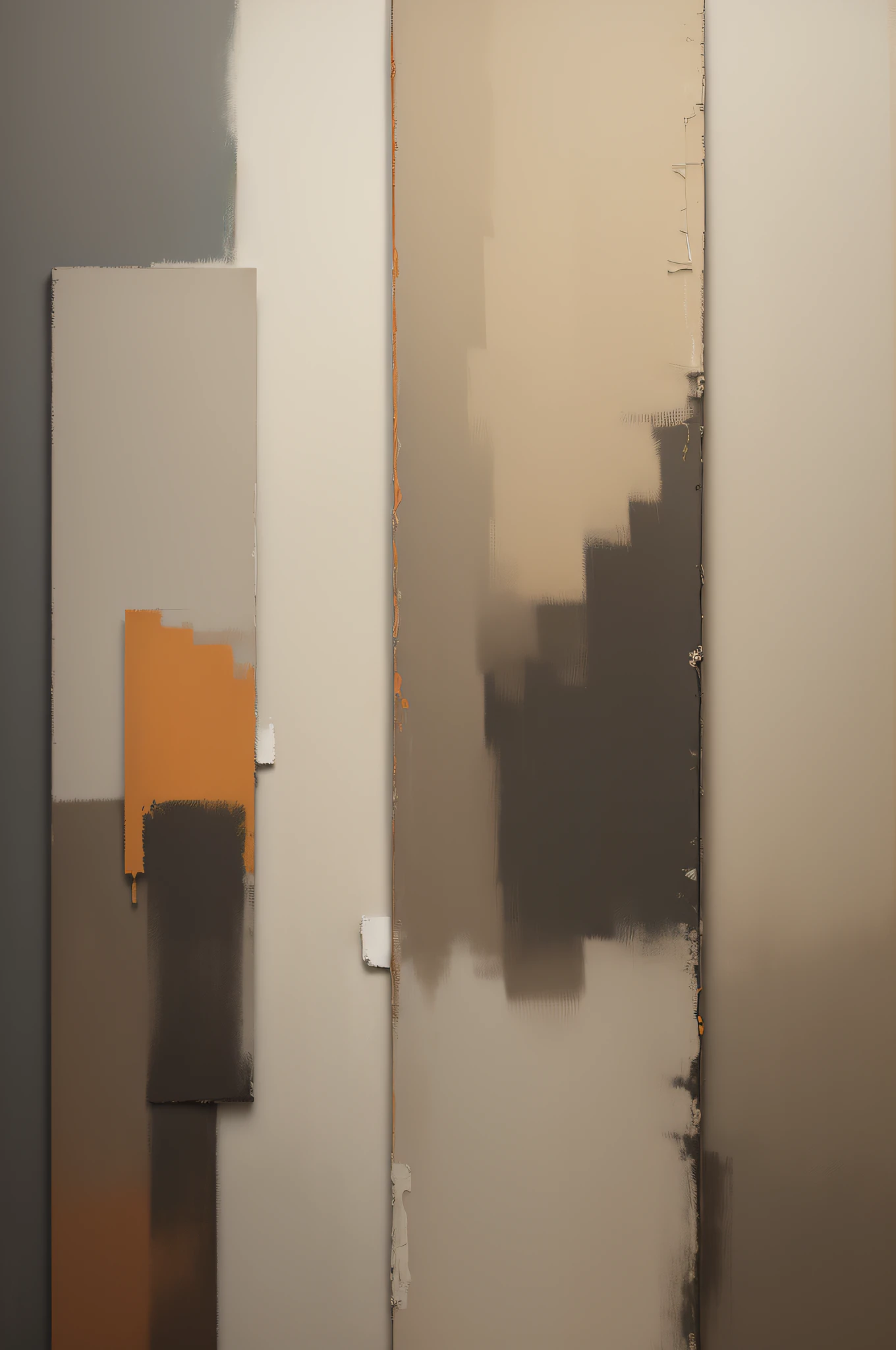 modern abstract painting in the style of mark rothko with a color palette of beige, off-white, muted orange, browns, and dark gray, evoking subtle emotions, (dynamic brushstrokes+soft edges), layered brushwork and texture, immense scale, reminiscent of the Abstract Expressionist movement.