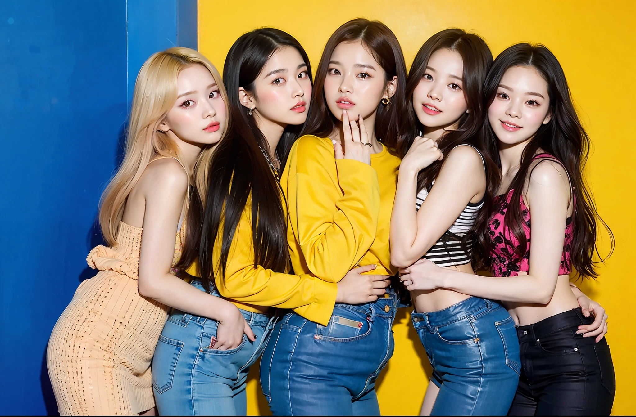 a group of young women posing for a picture in front of a yellow wall, red velvet, profile pic, blackpink, official artwork, official fanart, promo shot, twice, promotional still, kpop, korean idol, official, idol, promo still, promotional shot, promo image, photo shoot, 2019 trending photo, ulzzang, magazine photo, promotional photo