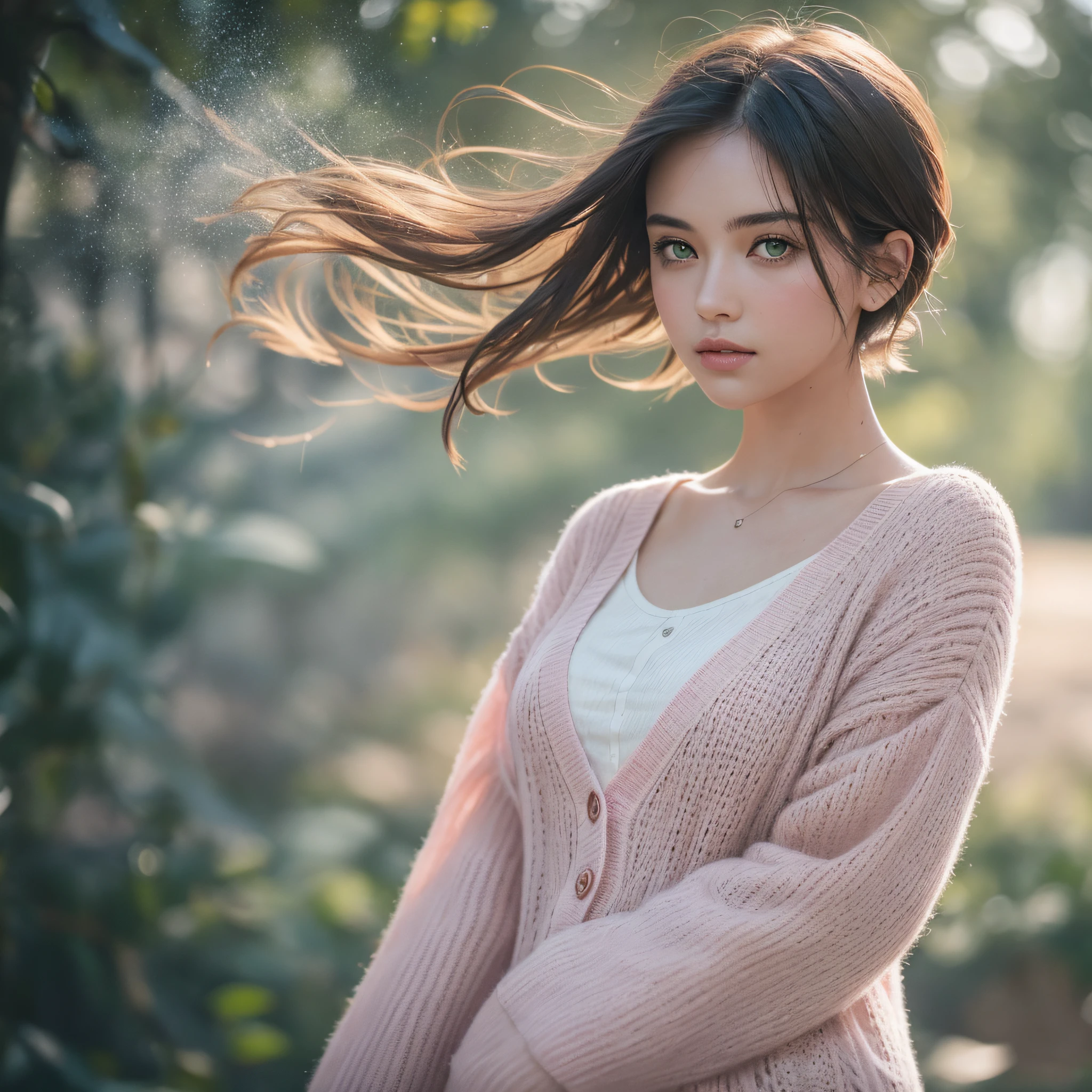 stunning beautiful woman photography, color film photography, FilmG, 8k, raw photography, (film grain: 1), (floating dust particle: 1.2), award-winning photography, 24mm, in focus, spotlight, bezel of light, in the dark, dimly lit, low key, deep shadow, looking at the viewer (highly detailed skin: 1.8), green eyes, plump body, half-shaven haircut, white dress, pink cardigan