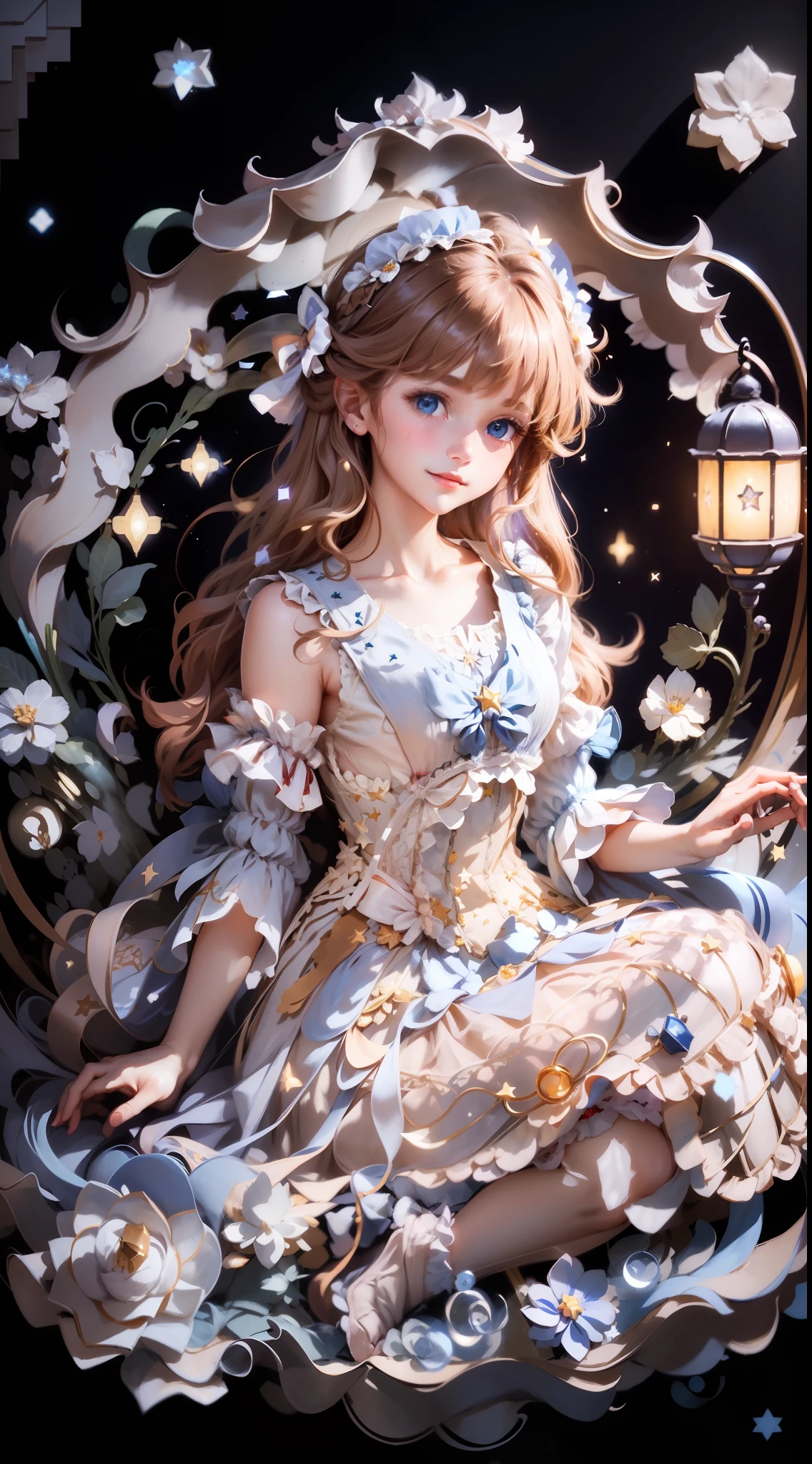(extremely delicate and beautiful: 1.2), 1girl, bangs, blue eyes, blur, blur background, bow, brown hair, shut up, side view, hair between eyes, hair bow, lantern, light particles, long sleeves, look looking at audience, medium hair, night, red bow, solo, stars\(symbol\), upper body, smile, red lips