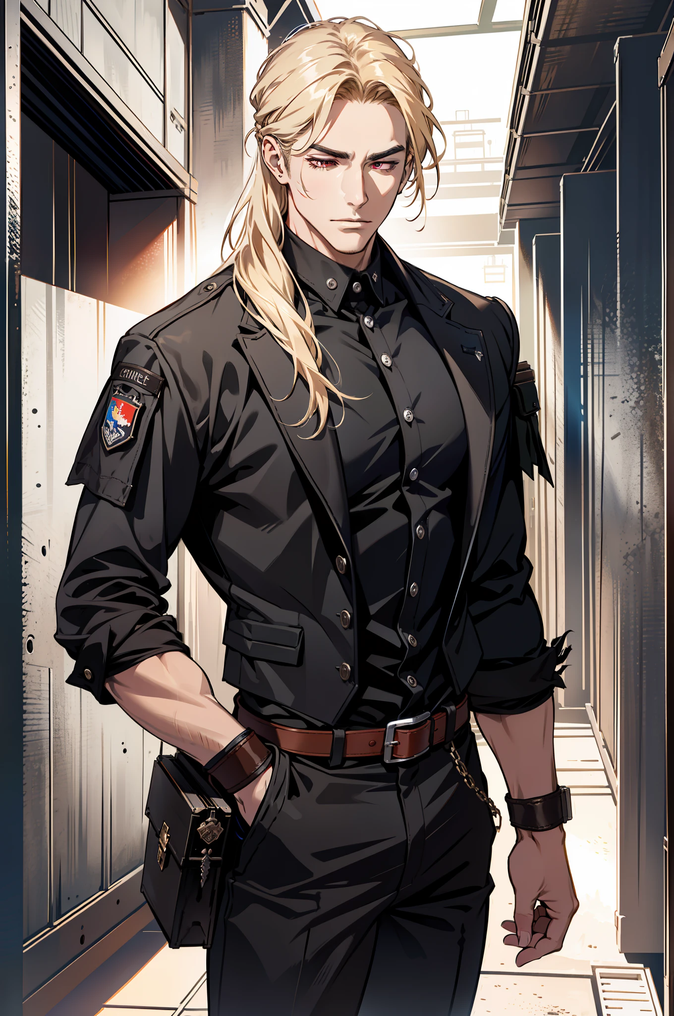 ((MLS)), (absurd res, high res, ultra detailed), 1 male, adult, handsome, tall muscular guy, broad shoulders, blonde long hair, red eyes, finely detailed eyes, looking at viewer, solo, MLS shot, no background, detailed face, smirk, renegade, rugged dark leather clothes, small leather pouch, high fantasy medieval setting, smuggler hideout background, stealth, undercover, (crates in background), shadows, fog, (dutch angle), closed mouth, closed eyes