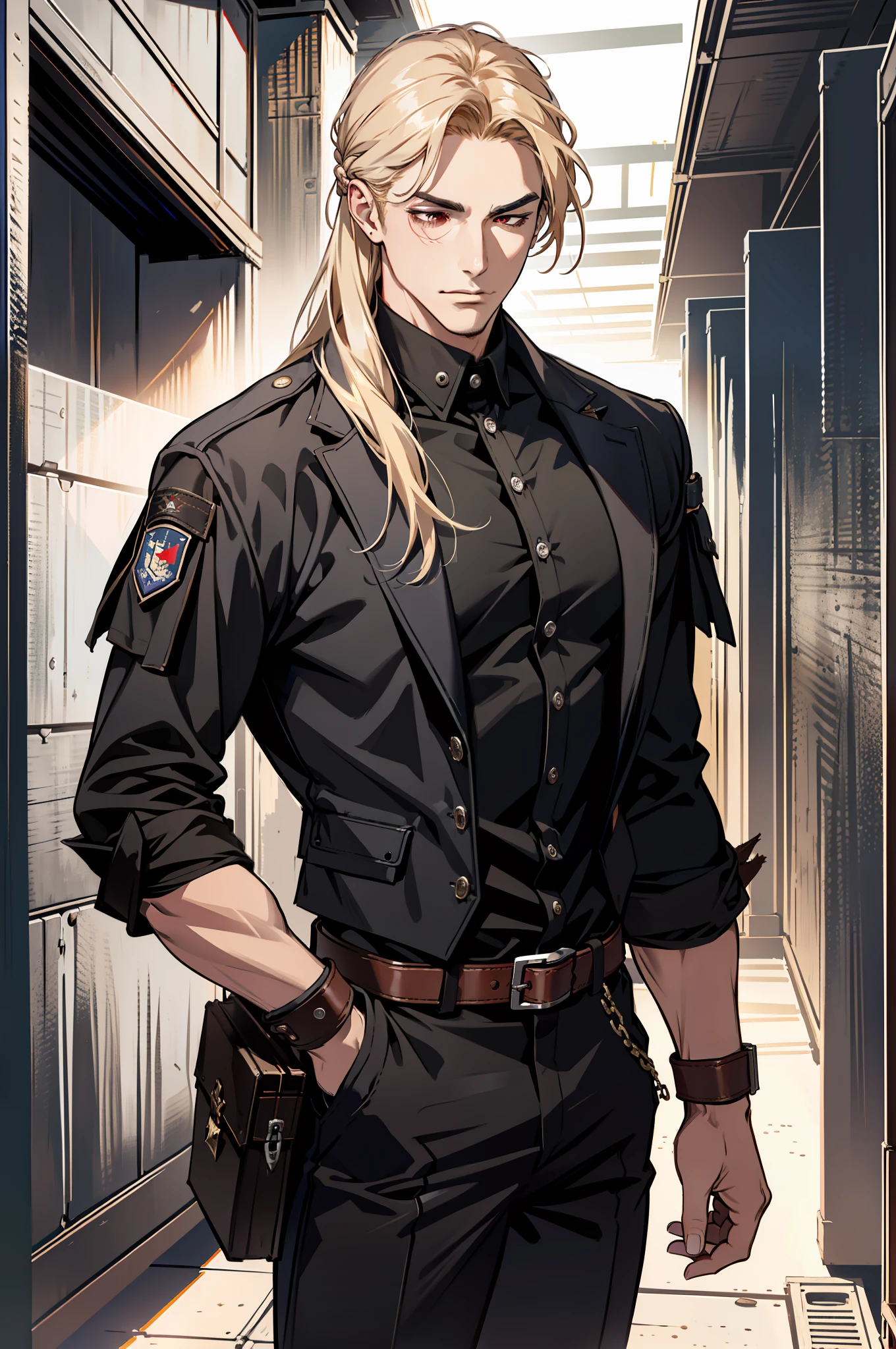 ((MLS)), (absurd res, high res, ultra detailed), 1 male, adult, handsome, tall muscular guy, broad shoulders, blonde long hair, red eyes, finely detailed eyes, looking at viewer, solo, MLS shot, no background, detailed face, smirk, renegade, rugged dark leather clothes, small leather pouch, high fantasy medieval setting, smuggler hideout background, stealth, undercover, (crates in background), shadows, fog, (dutch angle), closed mouth, closed eyes