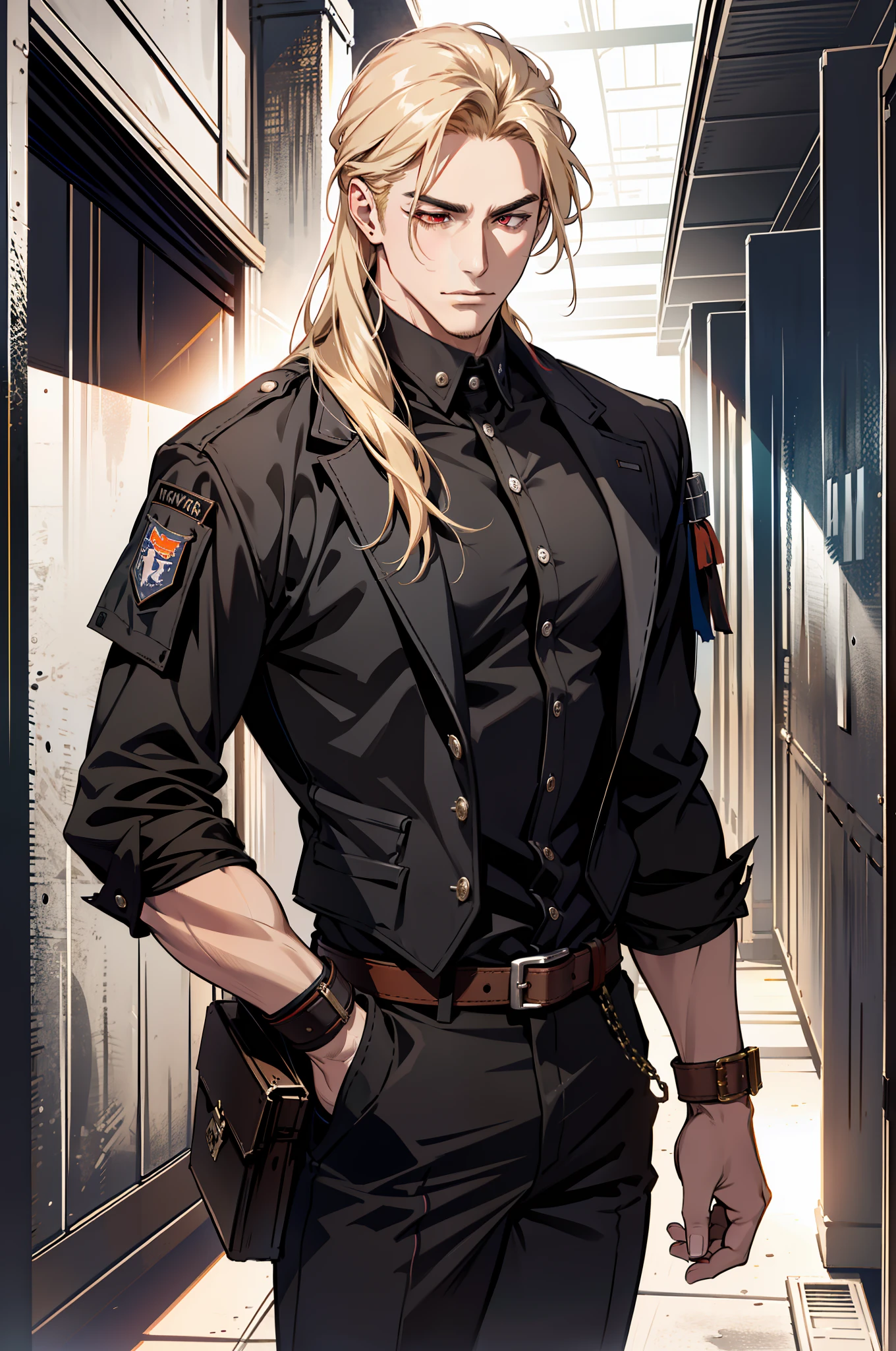 ((MLS)), (absurd res, high res, ultra detailed), 1 male, adult, handsome, tall muscular guy, broad shoulders, blonde long hair, red eyes, finely detailed eyes, looking at viewer, solo, MLS shot, no background, detailed face, smirk, renegade, rugged dark leather clothes, small leather pouch, high fantasy medieval setting, smuggler hideout background, stealth, undercover, (crates in background), shadows, fog, (dutch angle), closed mouth, closed eyes