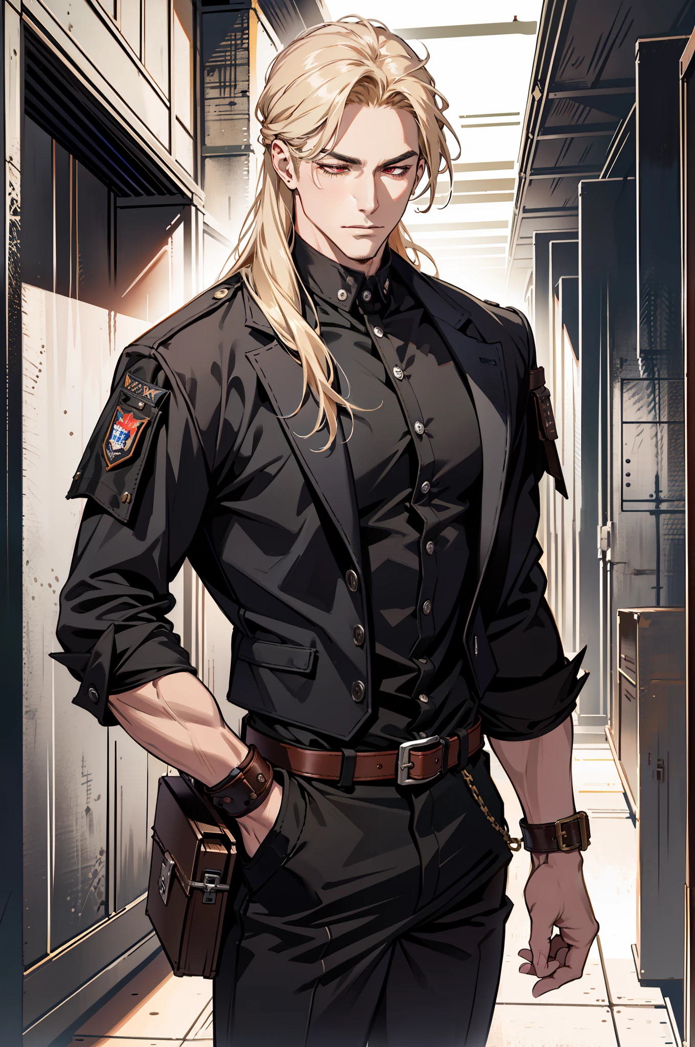 ((MLS)), (absurd res, high res, ultra detailed), 1 male, adult, handsome, tall muscular guy, broad shoulders, blonde long hair, red eyes, finely detailed eyes, looking at viewer, solo, MLS shot, no background, detailed face, smirk, renegade, rugged dark leather clothes, small leather pouch, high fantasy medieval setting, smuggler hideout background, stealth, undercover, (crates in background), shadows, fog, (dutch angle), closed mouth, closed eyes