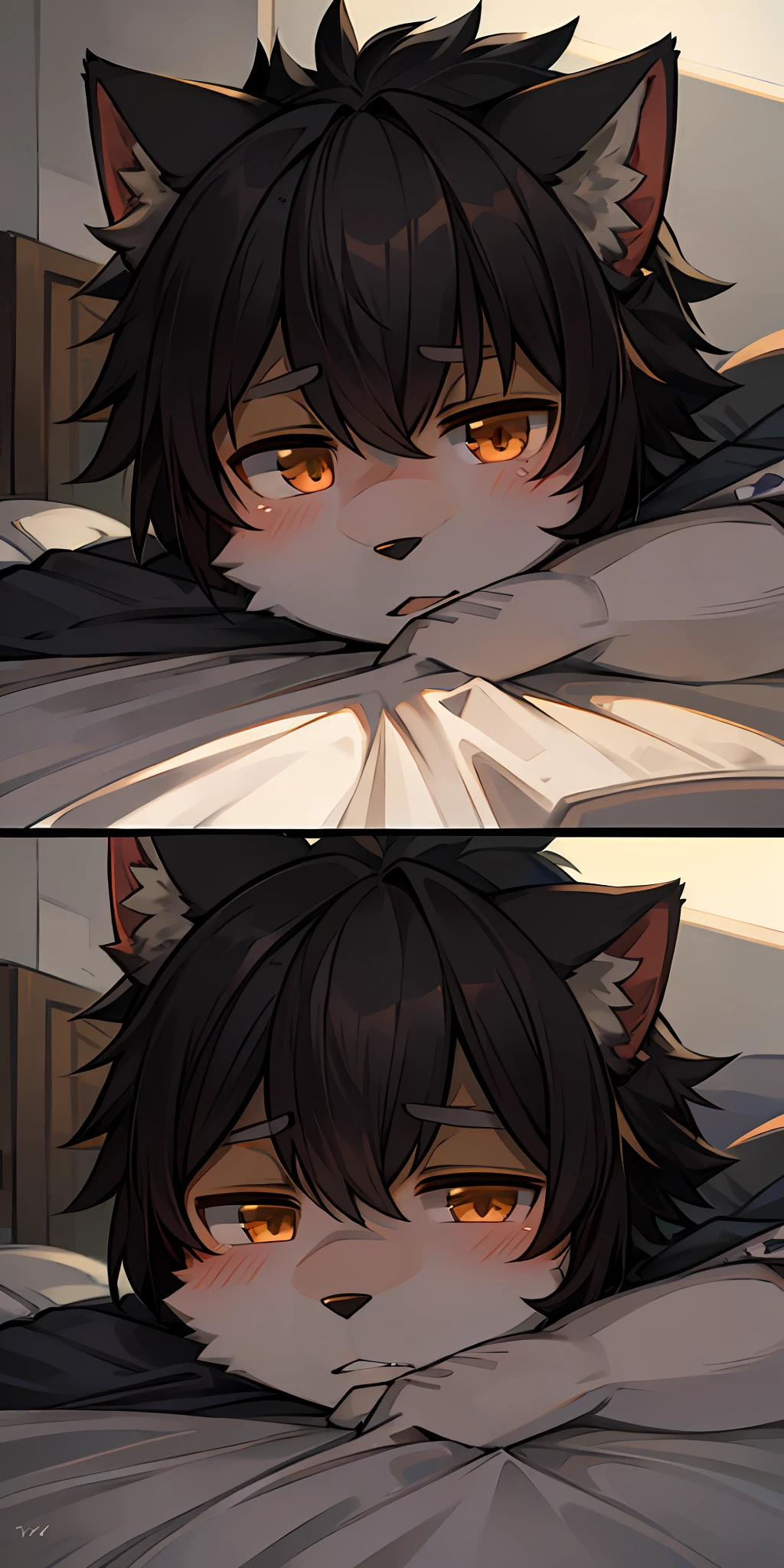 The wolf boy, Moyo 15 years old, covered in black hair, was lying on the bed, looking at the camera with a shy face