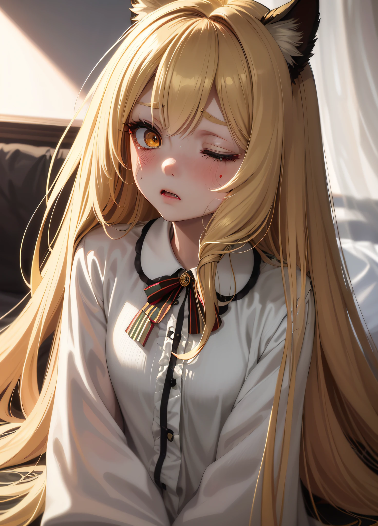 Masterpiece, (highest quality), alone, (young woman), solo, blonde long straight hair, big, dog ears, (golden eyes), (pajamas with green and white stripes), (more face close-up image)), looking very distressed, eyes closed, screaming, (((red cheeks)), (sweating a lot), (((very dark)), (midnight room)), on bed, ((Fece))))) )
