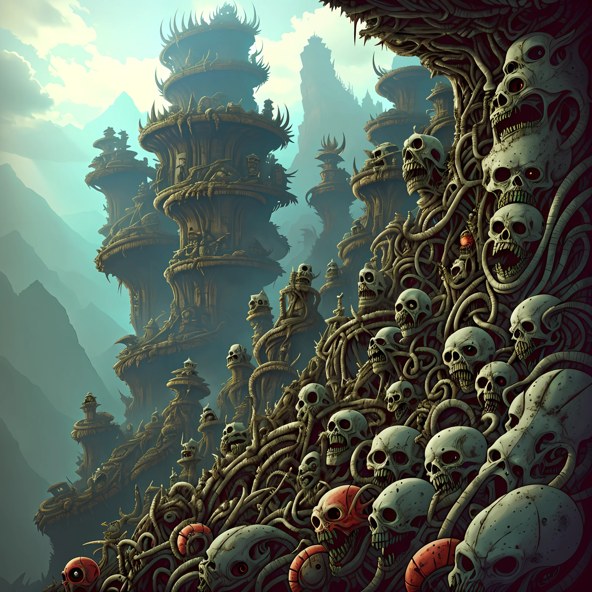 Wide angle, View from the top of the peak: horror art rotten landscape, madness dimension, intricated totems and sculptures of evil creatures, biomorphic evil beings from the 4th dimension, spiked walls, 4k resolution post-processing, horror art, artstation, uhd, unreal engine, line art drawing style.