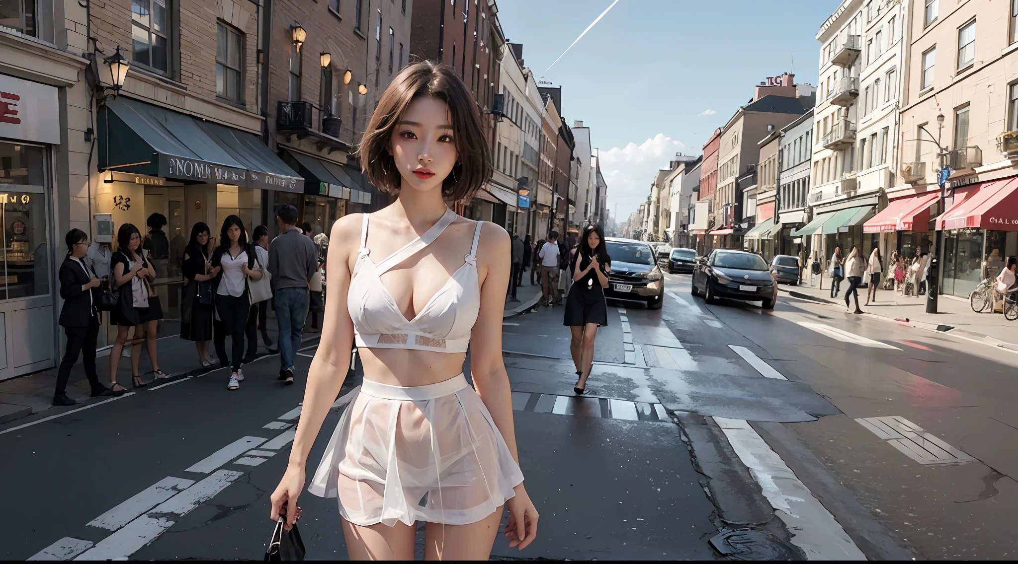 Beautiful woman, fiddling with mobile phone in the middle of the street, white transparent bra, miniskirt, wet