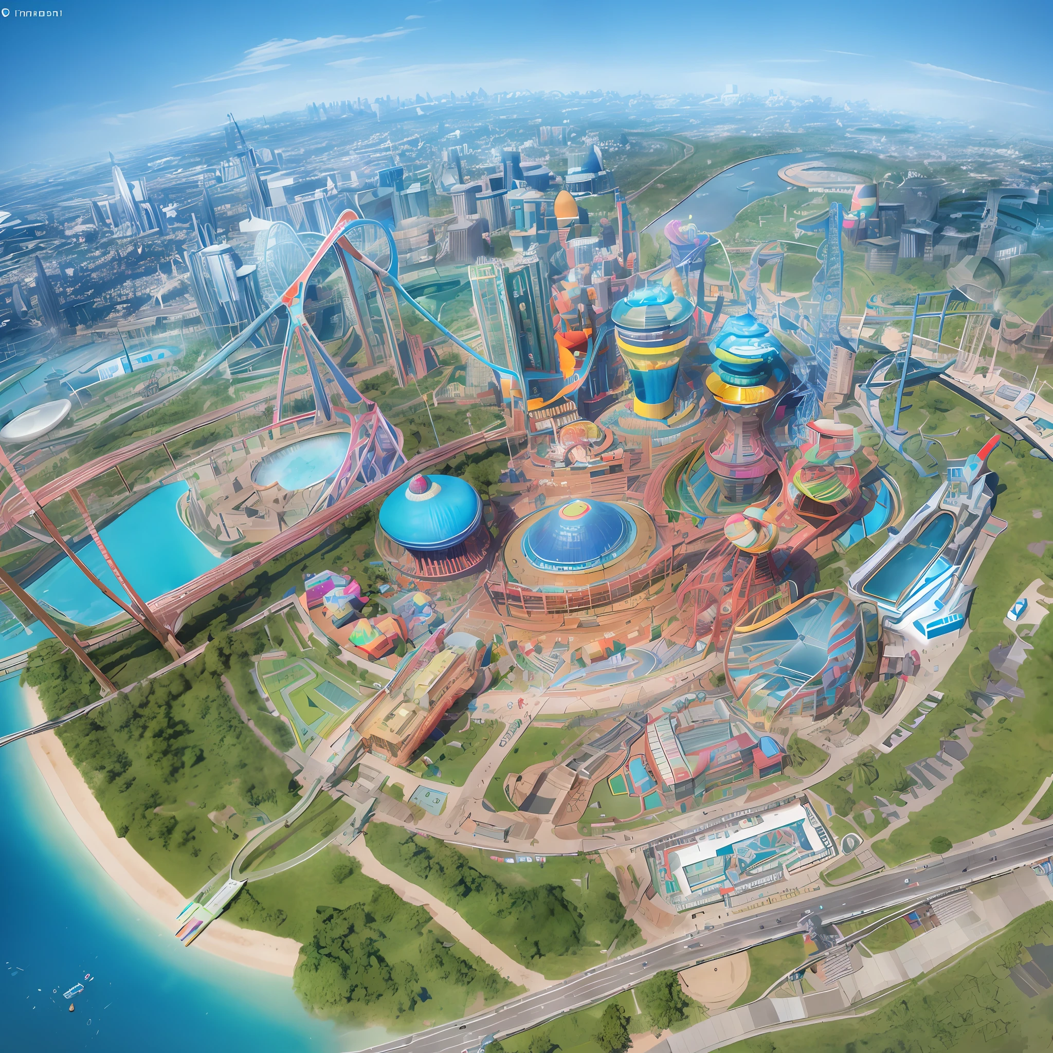 (Isometric perspective: 1.5), (Futuristic style: 1.2), amusement parks, roller coasters, carousels, bumper cars, Ferris wheels, pirate ships, roller coasters, water parks, IP, blender, OC render, best quality, 4k, super detail, surrealism