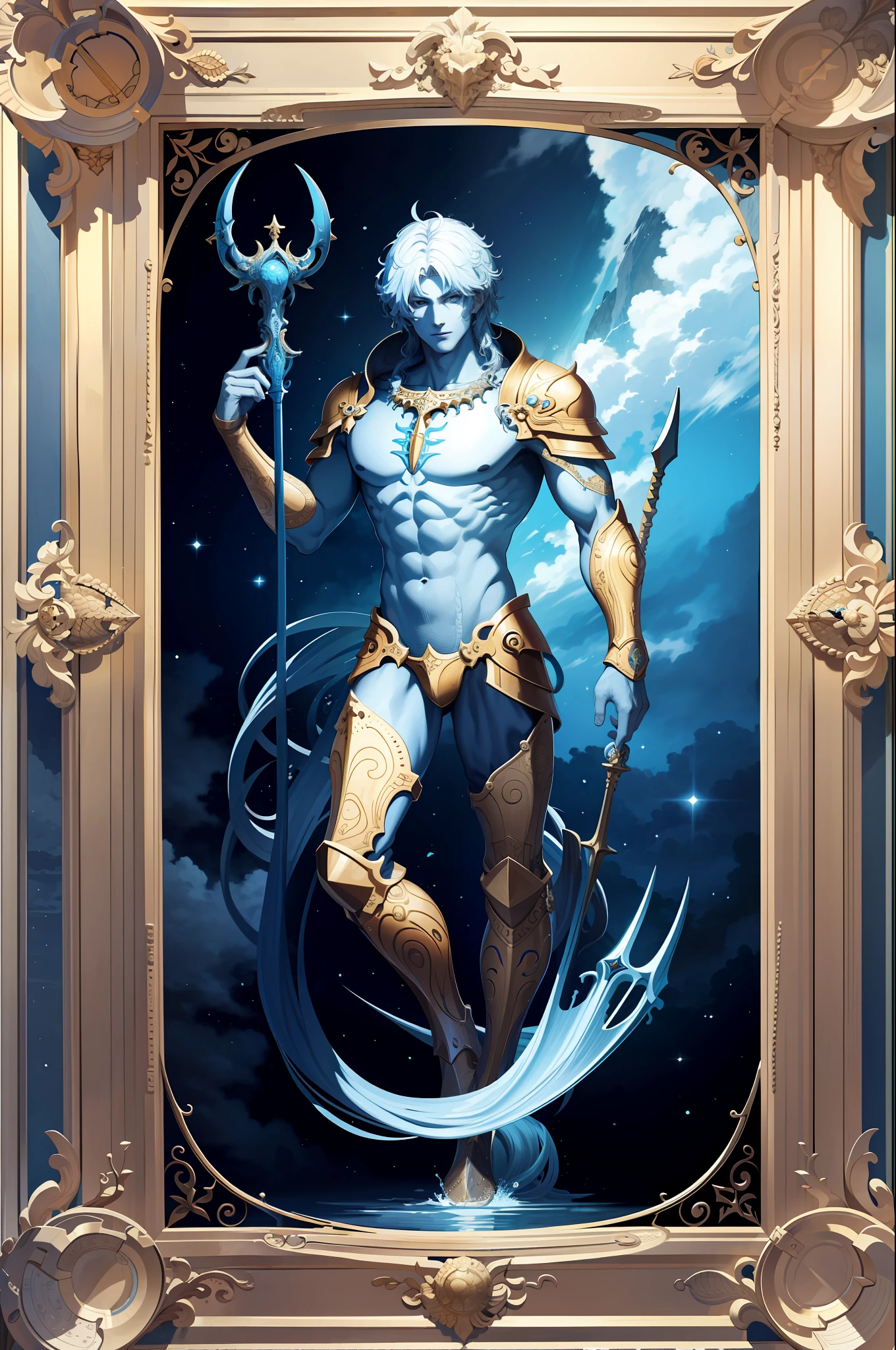 (masterpiece, best quality, high resolution: 1.4), detailed, intricate details, 4K, color splashes, line art, art, fibonacci, Poseidon the god of the seas, trident in left hand, blue hair, the knights of the zodiac, golden armor