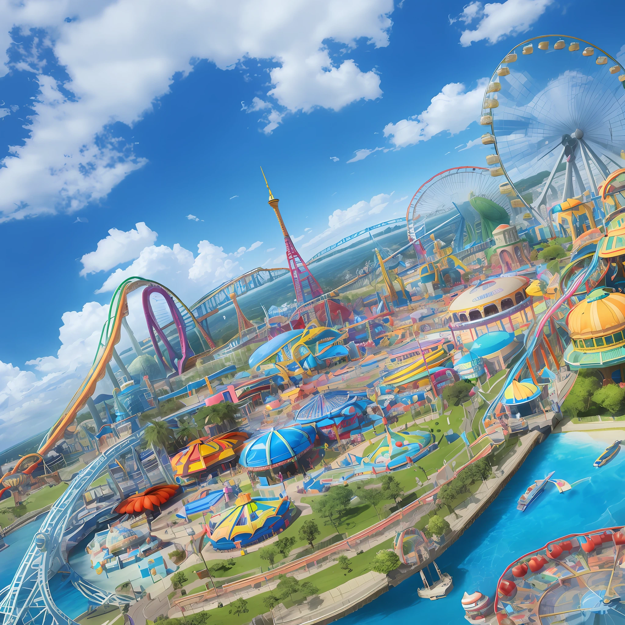 (Isometric perspective: 1.5), (Futuristic style: 1.2), amusement parks, roller coasters, carousels, bumper cars, Ferris wheels, pirate ships, roller coasters, water parks, IP, blender, OC render, best quality, 4k, super detail, surrealism