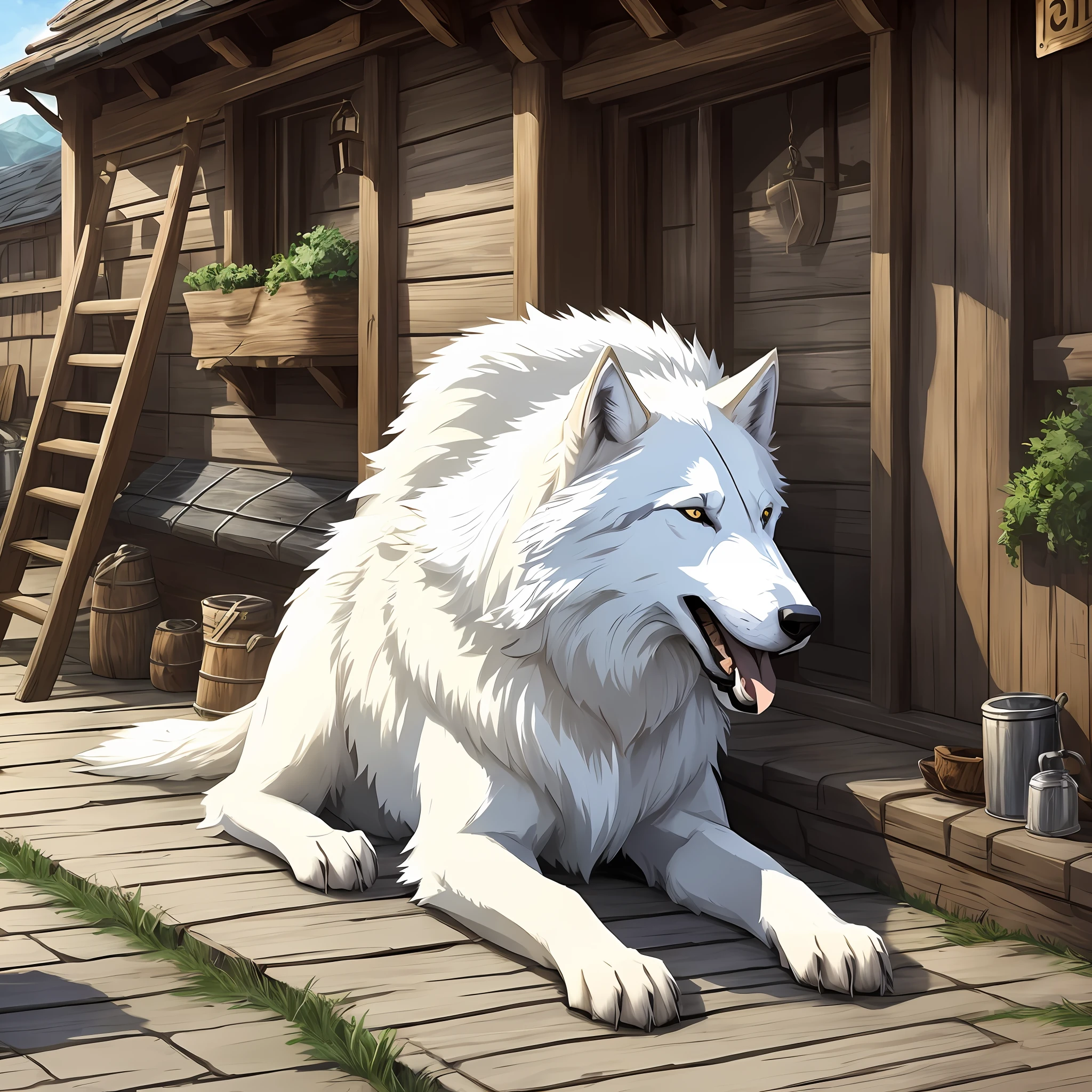 Gigantic white wolf tied up lying outside a tavern, Realisitc, Full HD, Best Quality.