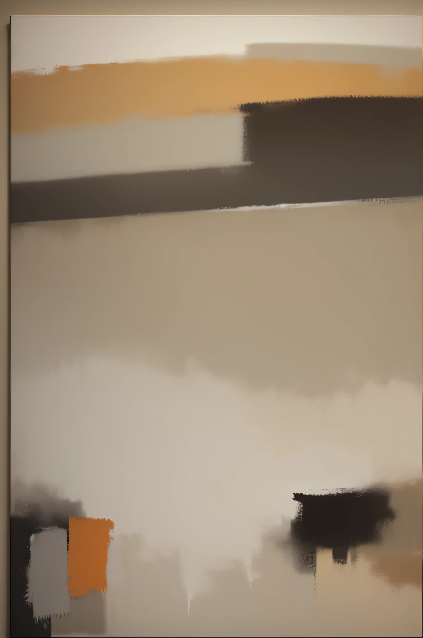modern abstract painting in the style of mark rothko with a color palette of beige, off-white, muted orange, browns, and dark gray, evoking subtle emotions, (dynamic brushstrokes+soft edges), layered brushwork and texture, immense scale, reminiscent of the Abstract Expressionist movement.