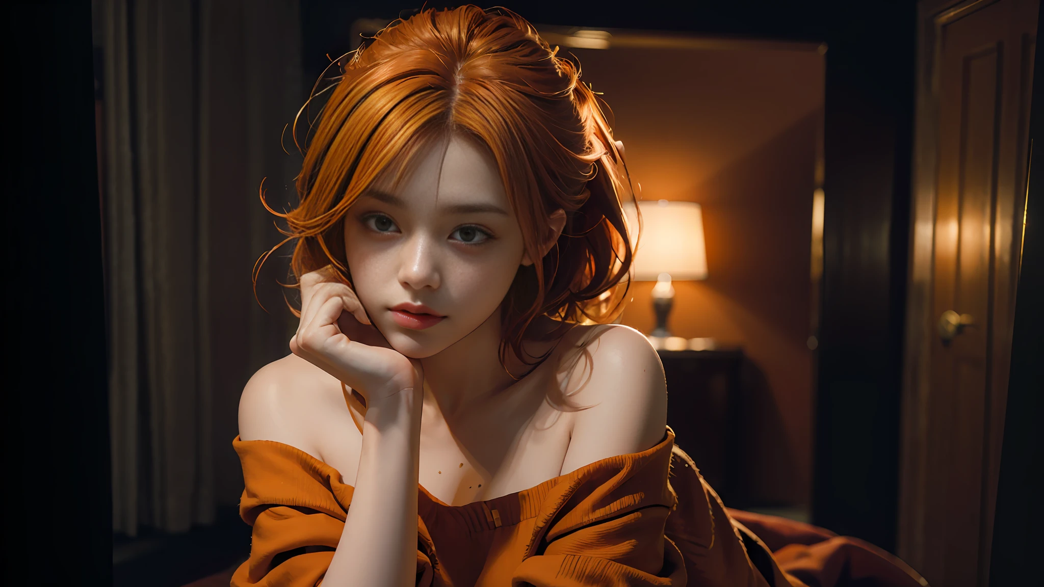 Best quality, masterpiece, ultra high res, (photorealistic: 1.4), raw photo, 1girl, off shoulder, cinematic lighting, kissing poses, (orange hair)