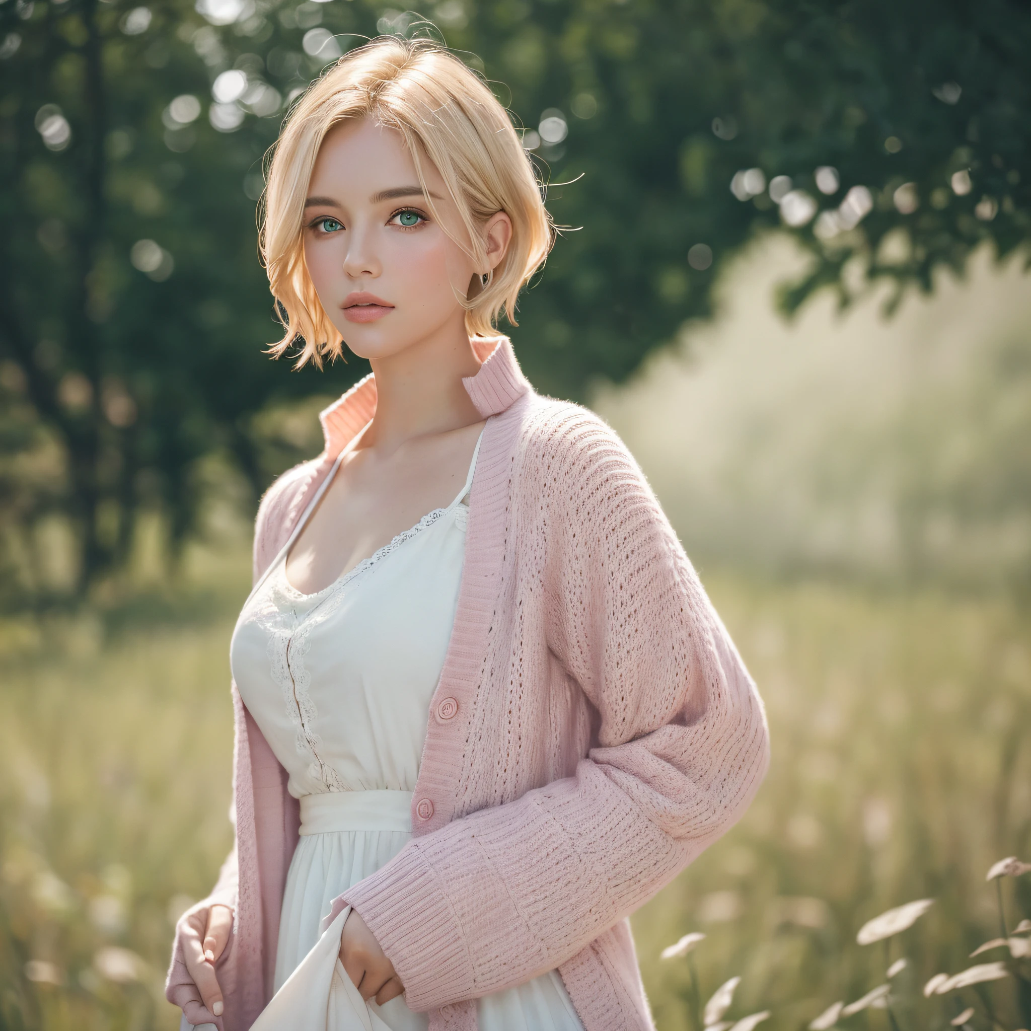 stunning beautiful woman photography, color film photography, FilmG, 8k, raw photography, (film grain: 1), (floating dust particle: 1.2), award-winning photography, 24mm, in focus, spotlight, bezel of light, in the dark, dimly lit, low key, deep shadow, looking at the viewer (highly detailed skin: 1.8), green eyes, large body, full woman, half-shaven haircut, blonde hair, European face, white dress,  pink cardigan